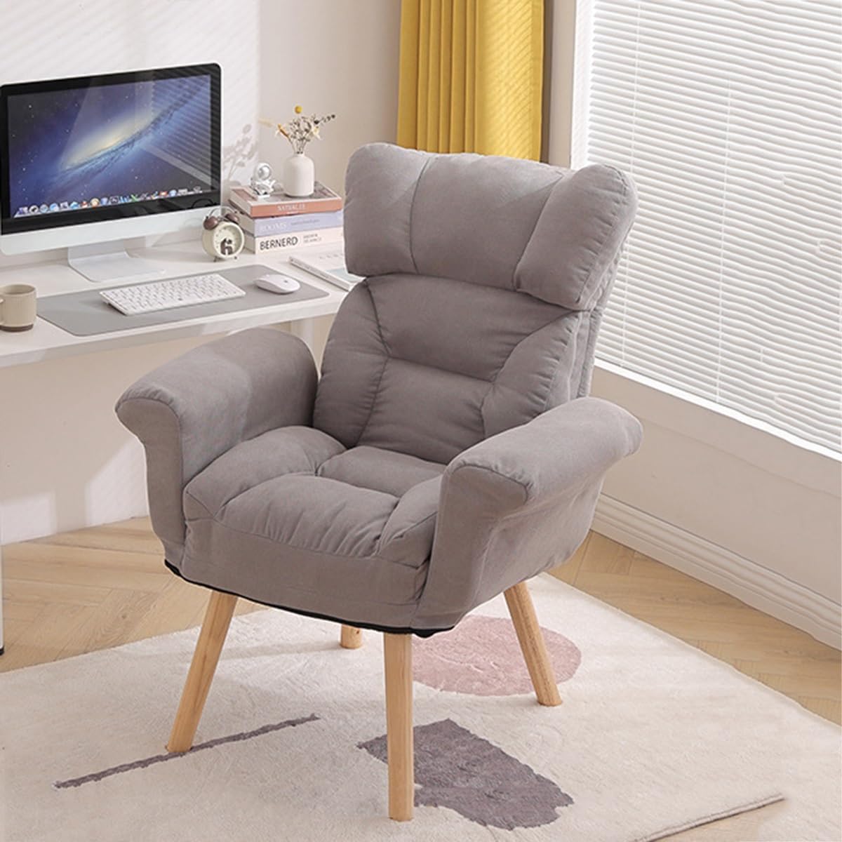 Sedie Moderne Con Gambe In Legno Poltrona In Lino Per Soggiorno Poltrona Tubolare Imbottita Con Schienale Di Sostegno Comode Poltrone Lounge Con Cuscino Spesso Per Seduta(Light gray)