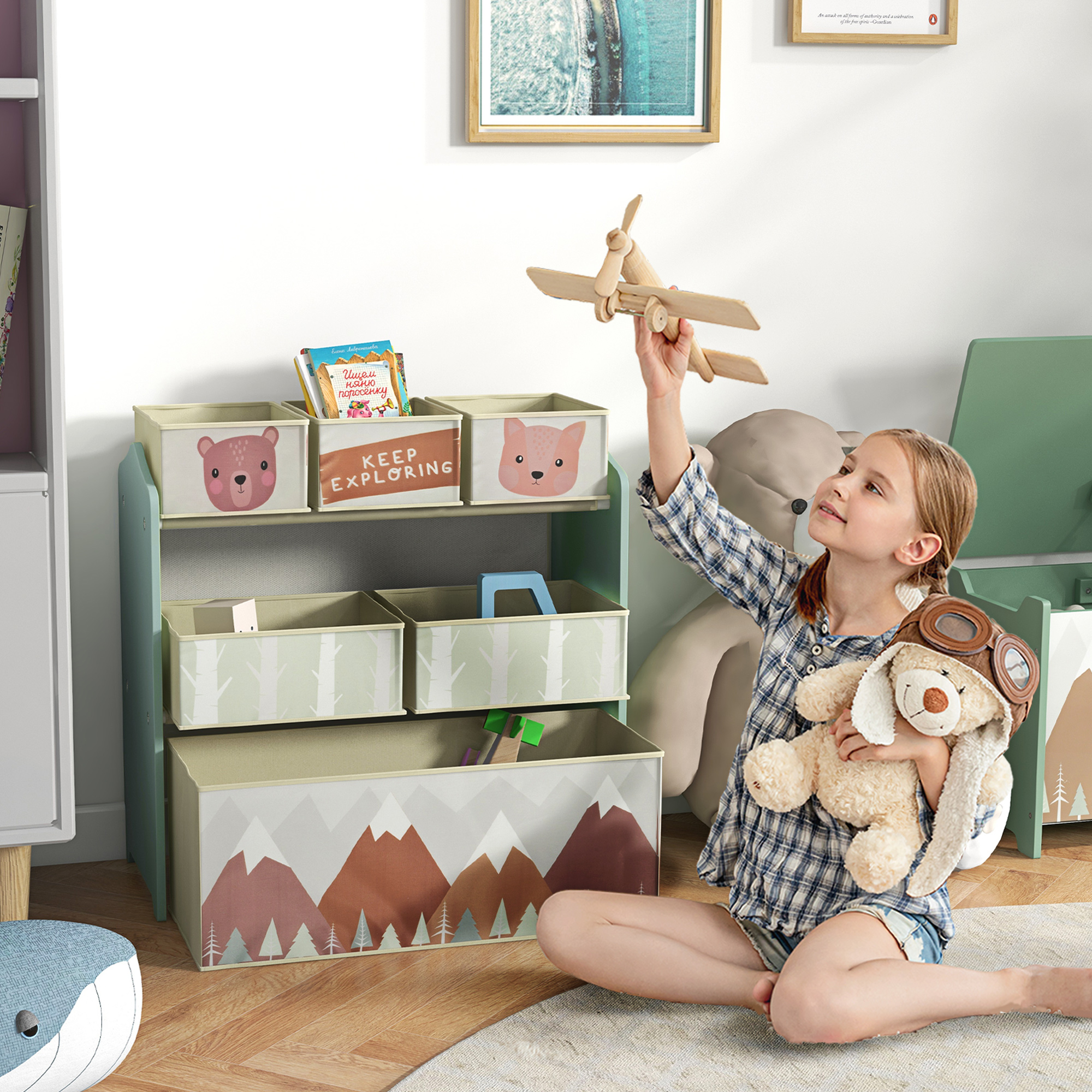 ZONEKIZ Kinder Aufbewahrungsregal mit 6 abnehmbaren Stoffboxen, Spielzeug Organizer, Regal 63L x 30B x 66H cm