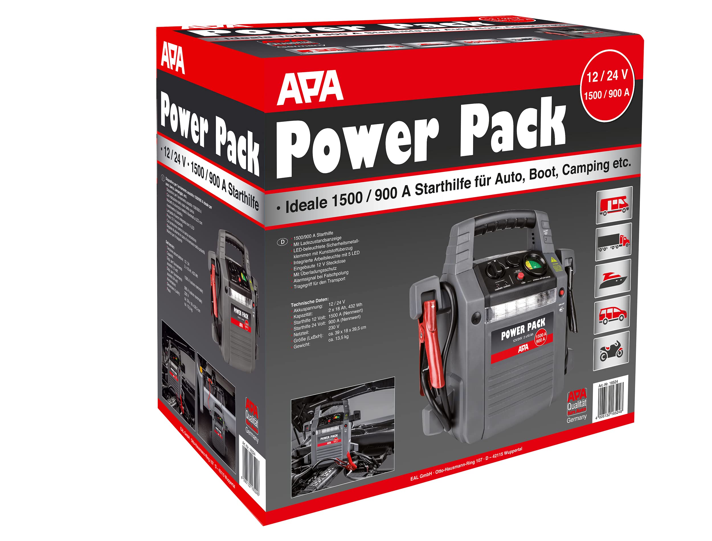 Power Pack 12/24 V Starthilfe 900 A mit Lithium-Ionen-Akku Überladungsschutz Ladezustandsanzeige und Tragegriff