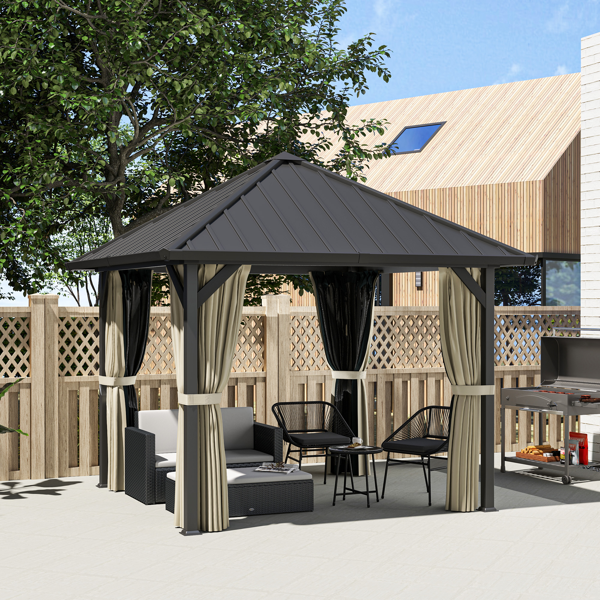 Outsunny 3 x 3 m Hartdach-Pavillon, Gartenpavillon mit Metalldach, Wasserfestes Gartenzelt mit Netz und Seitenwänden, Dunkelgrau