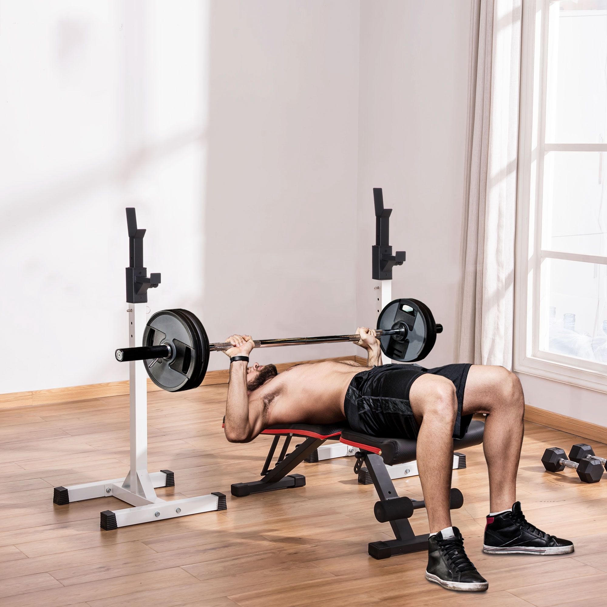 HOMCOM Hantelständer, 2er-Set, bis 150 kg belastbar, höhenverstellbar, Stahl, weiß+schwarz, 52 x 48 x 160 cm