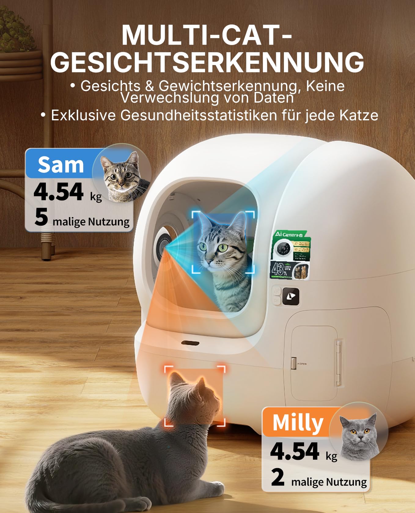 Selbstreinigende Katzentoilette PUROBOT Max Pro 2 mit KI-Kamera und Mehrkatzen-Erkennung, für große Katzen