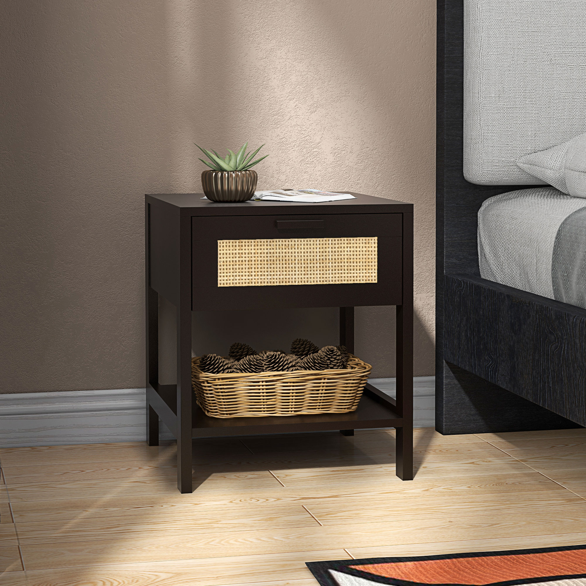 HOMCOM Nachttisch Beistelltisch mit Schublade und Regal, Rattanfront, Maße 40L x 40B x 48H cm Schwarz