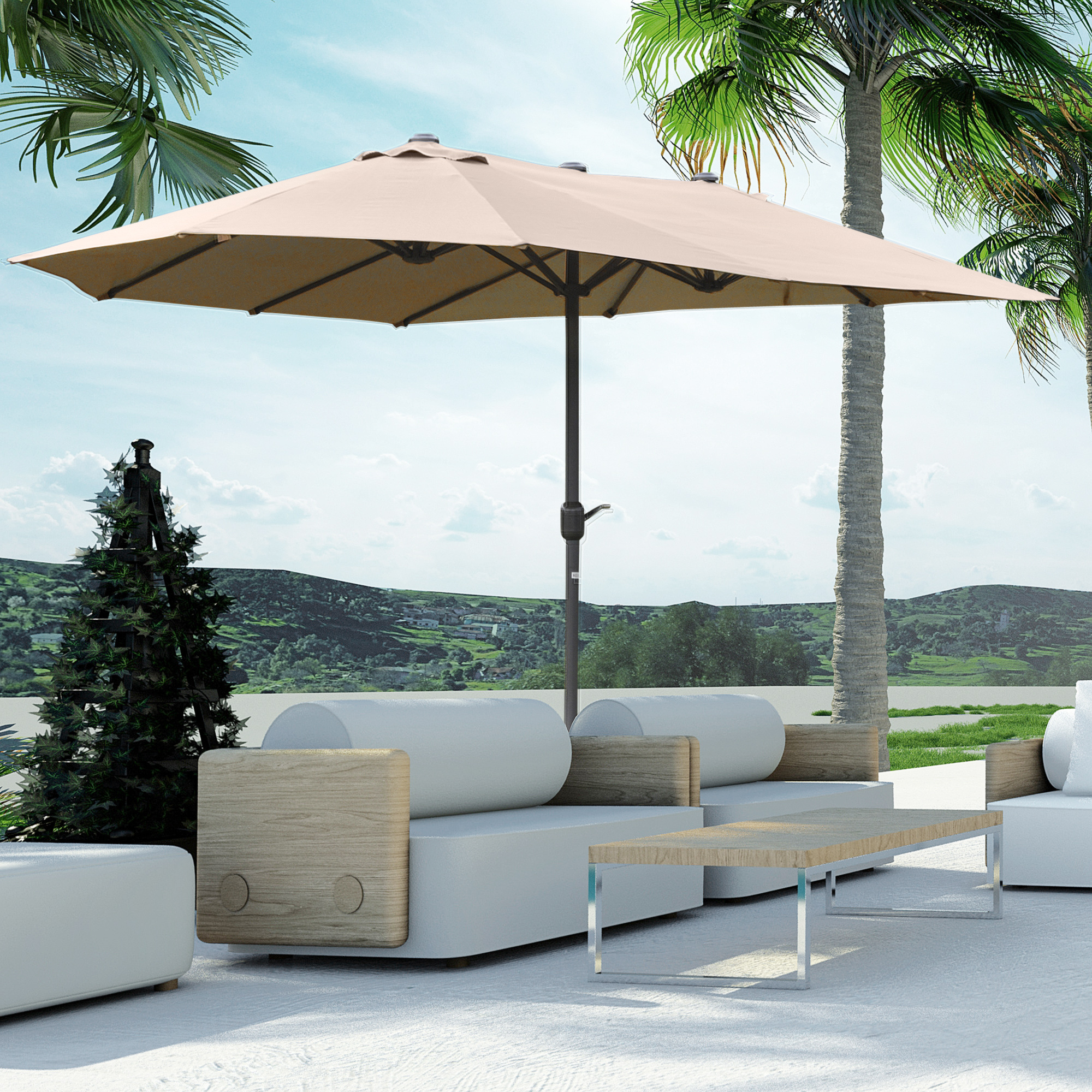 Outsunny Doppelter rechteckiger Gartenschirm 4,6L x 2,7B x 2,4H m mit Kurbelöffnung und -schließung, 180 g/m² Gewebe, Khaki
