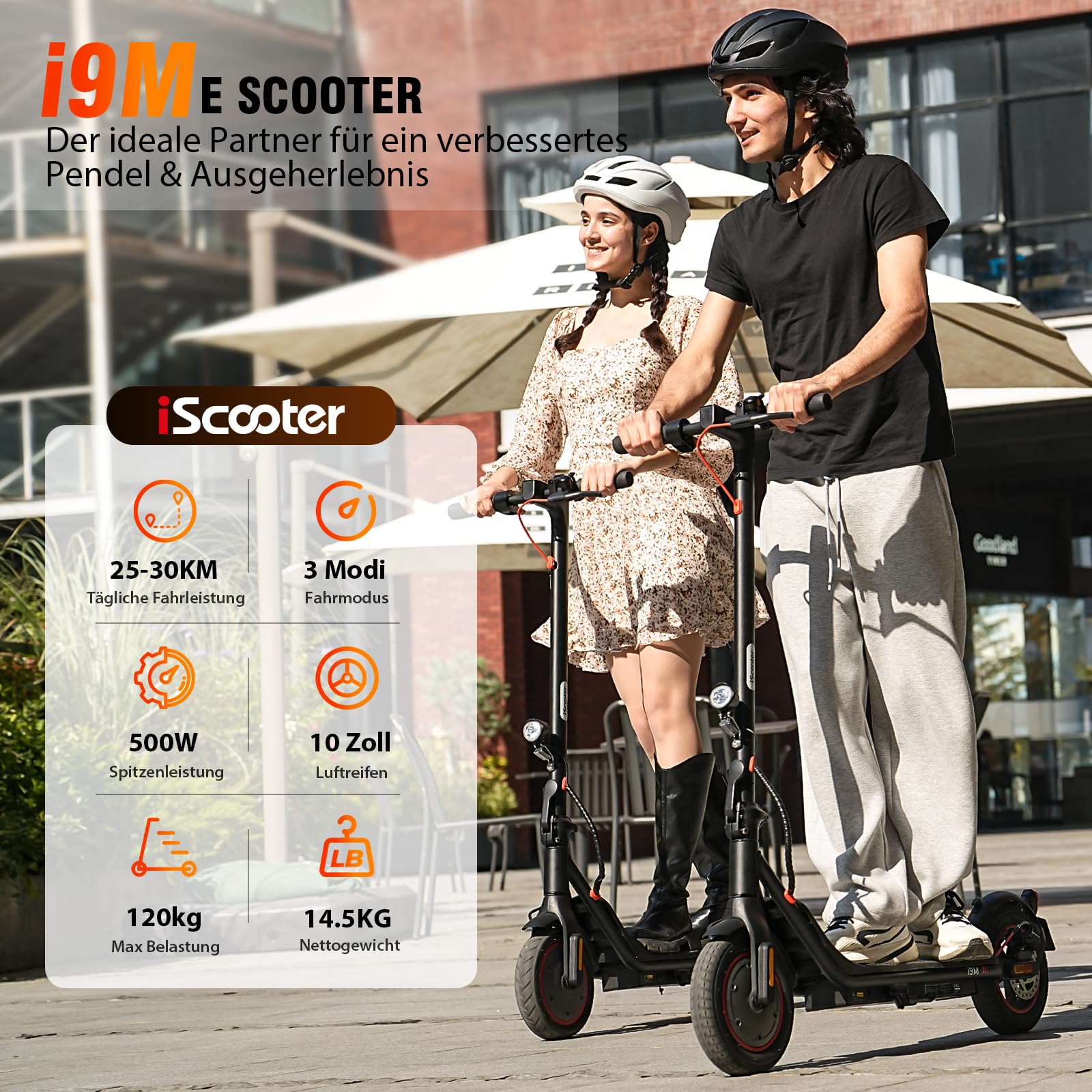 E-Scooter mit Straßenzulassung und ABE, Modell I9m, 500W, bis 30 km Reichweite, 10 Zoll Luftreifen, faltbar, 120 kg, Smart App