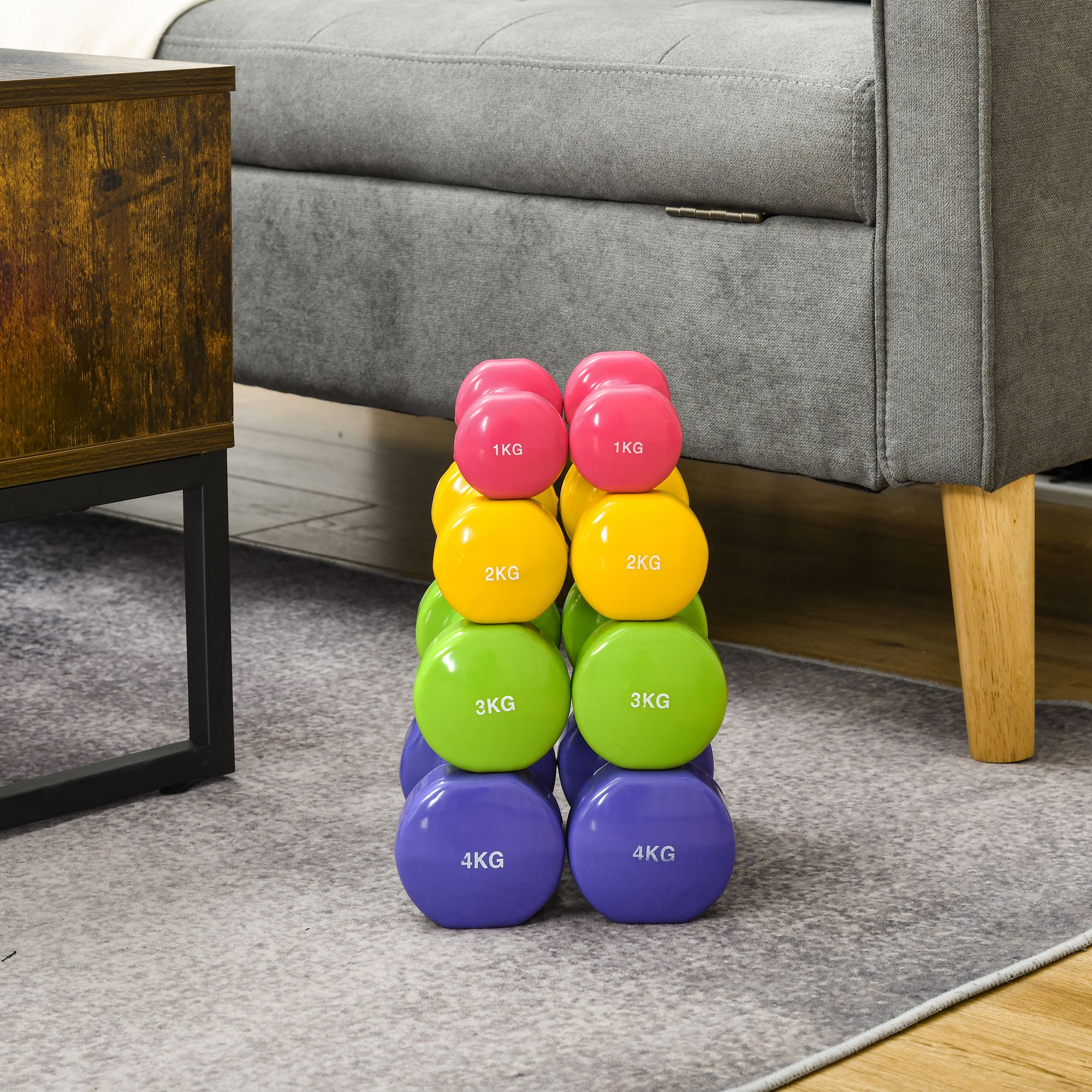 HOMCOM Set aus 8 hexagonalen Hanteln, Gesamtgewicht 20 kg, Set aus 8 kurzen Hanteln für das Fitnessstudio mit Polyurethanbeschichtung in Multicolor