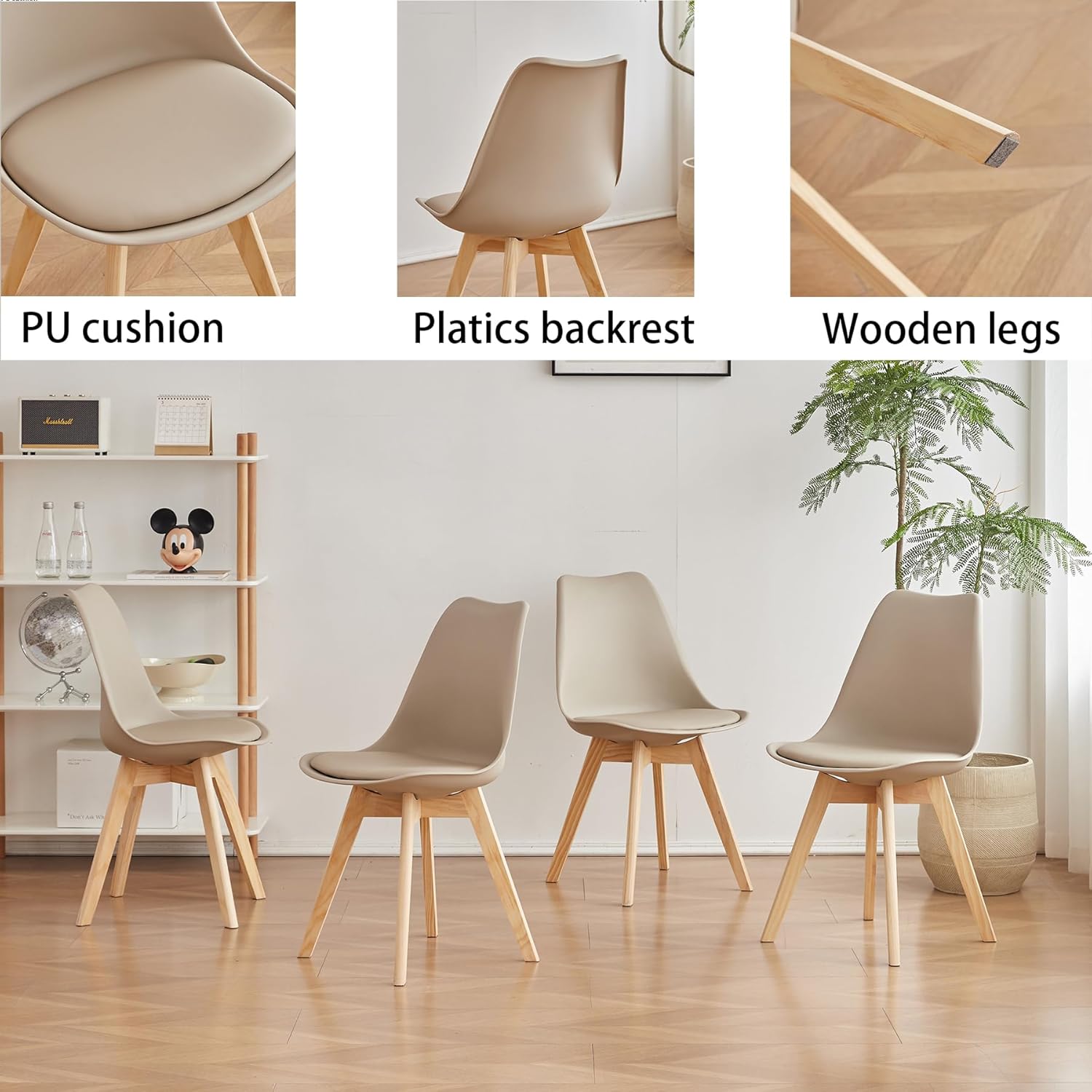 120 cm runder Esstisch mit 6 Esszimmerstühlen, runder Küchentisch mit Holzfuß, MDF-Platte, Küchenstühle mit Kunststofflehne, für 4–6 Personen, Hellbraun +Khaki