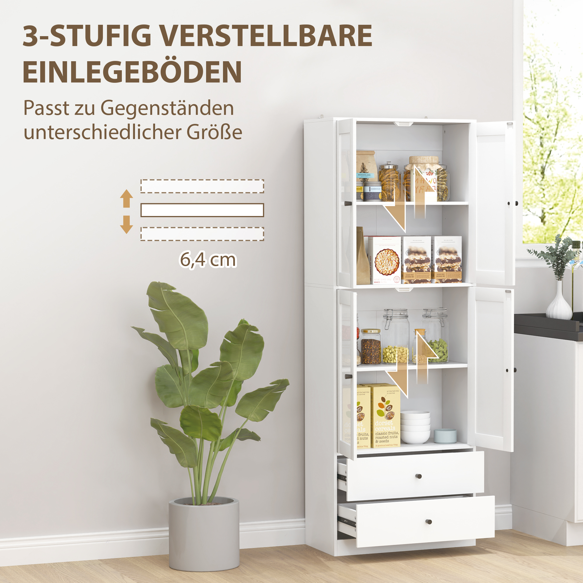 Keukenkast met Lades en Glazen Deuren, Melamine Oppervlak, Wit