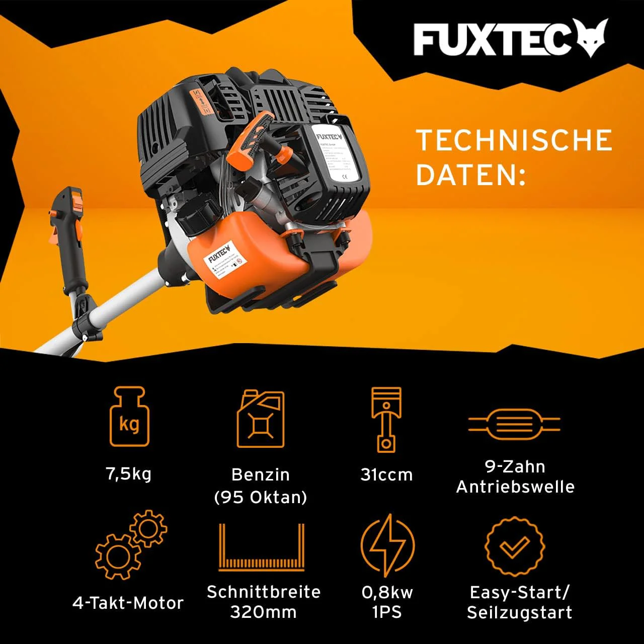 FUXTEC Benzine bosmaaier FX-4MS131, grastrimmer met 4-taktmotor, 320 mm snijcirkel, ergonomische tweehandige handgreep, noodstopschakelaar, lichtgewicht, incl. professionele draagriem/mes/draad