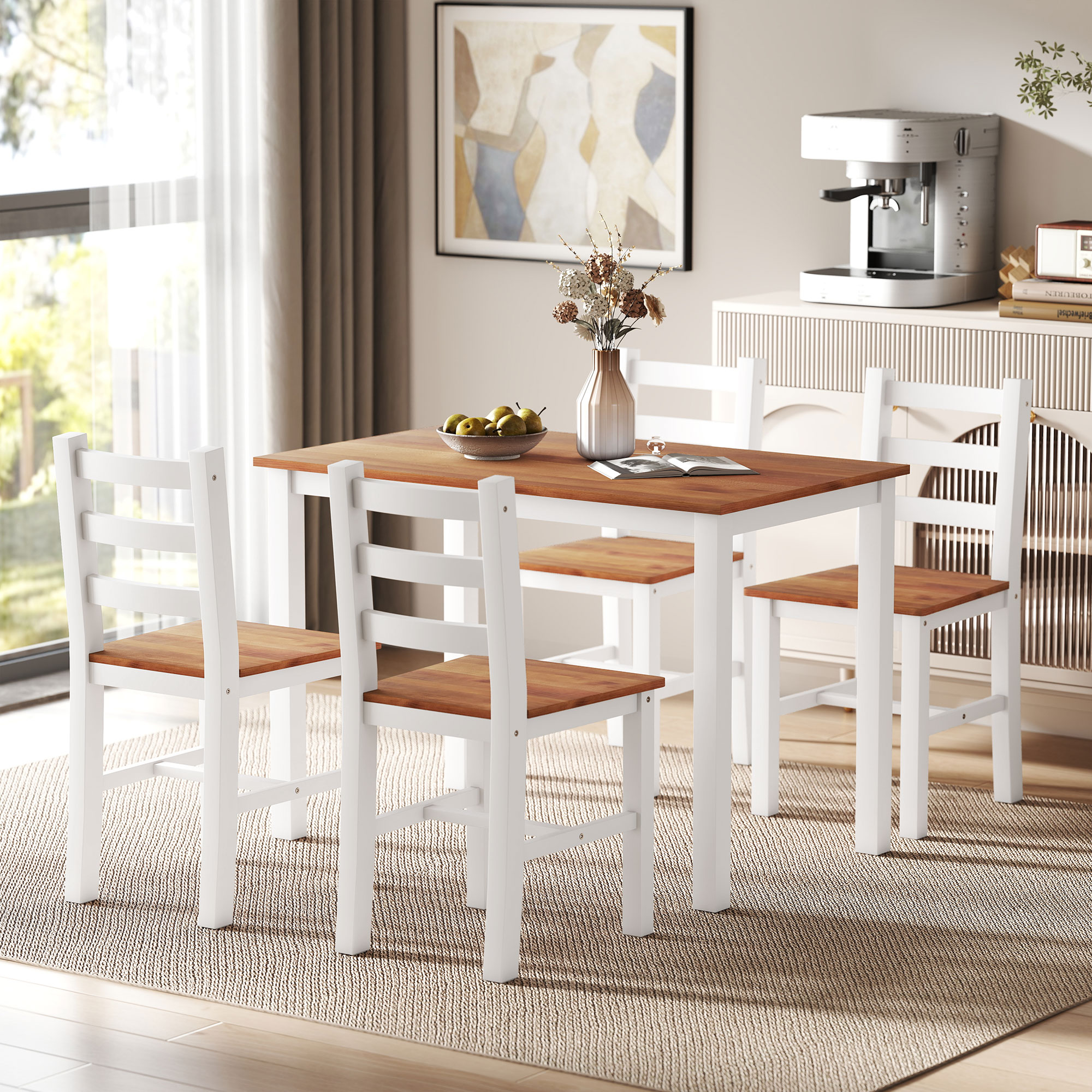 HOMCOM Essgruppenset, Esstisch, 4 Stühle, Esszimmerset, Kiefernholz, Braun+Weiß