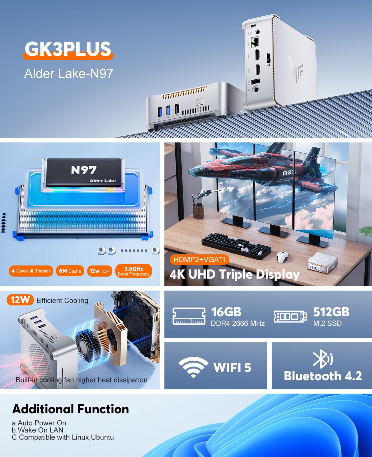 KAMRUI GK3Plus Mini PC, 16GB RAM 512GB M.2 SSD Mini Computers