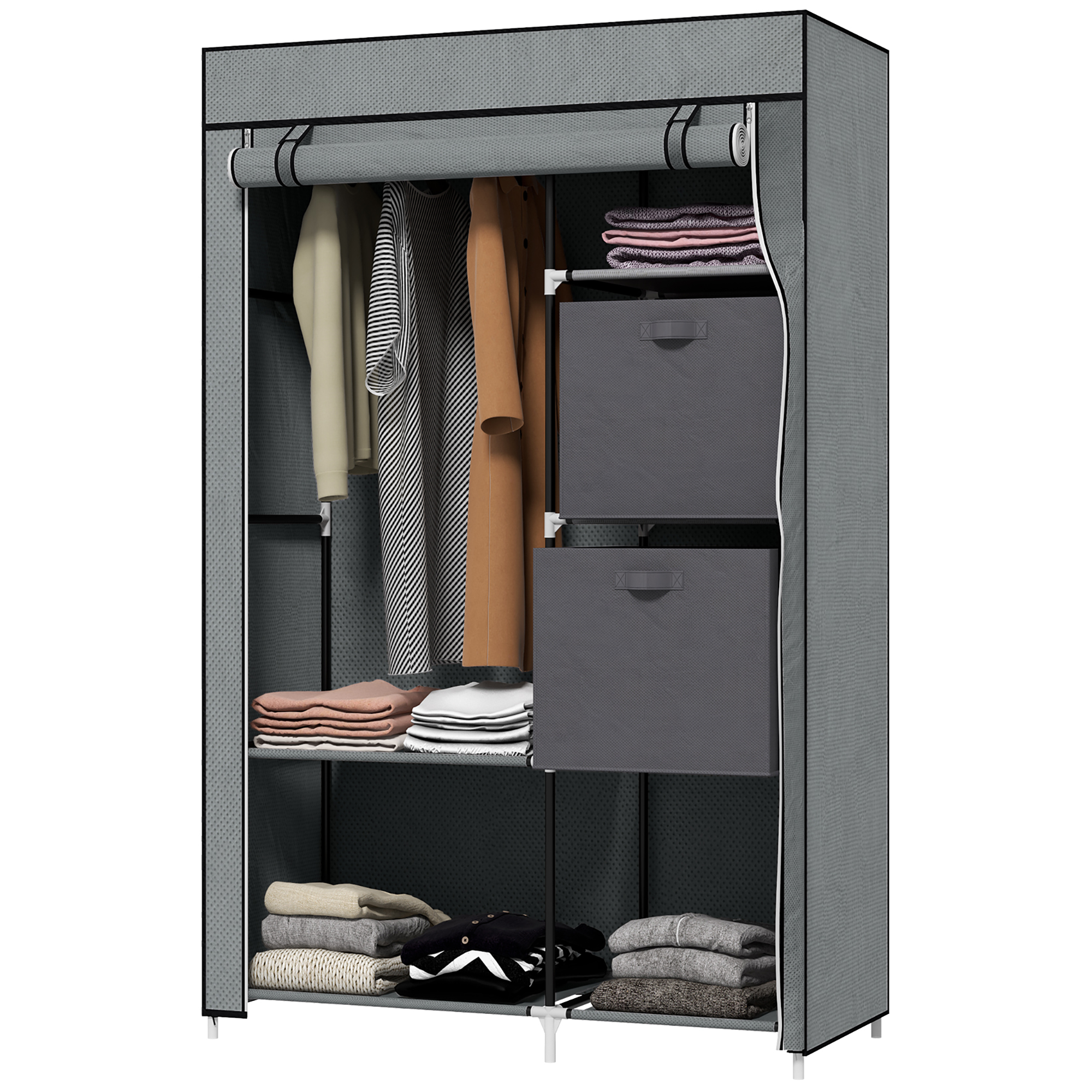 HOMCOM Stoffschrank Kleiderschrank faltbarer Schrank, 1 Kleiderstange, 6 Regalböden, 102 x 42.5 x 162.5 cm, Grau
