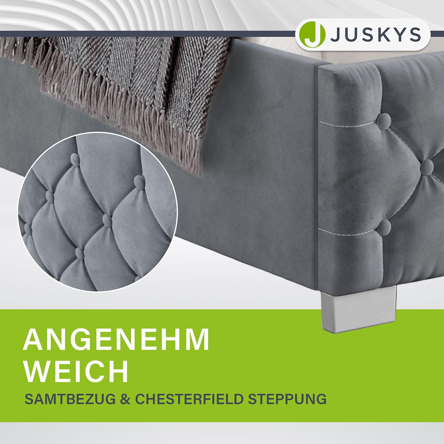 Juskys Polsterbett Nizza 120x200 cm Samt mit Stauraum, LED Beleuchtung & Lattenrost - Chesterfield Steppung & Kopfteil - Bett Bettgestell - Grau