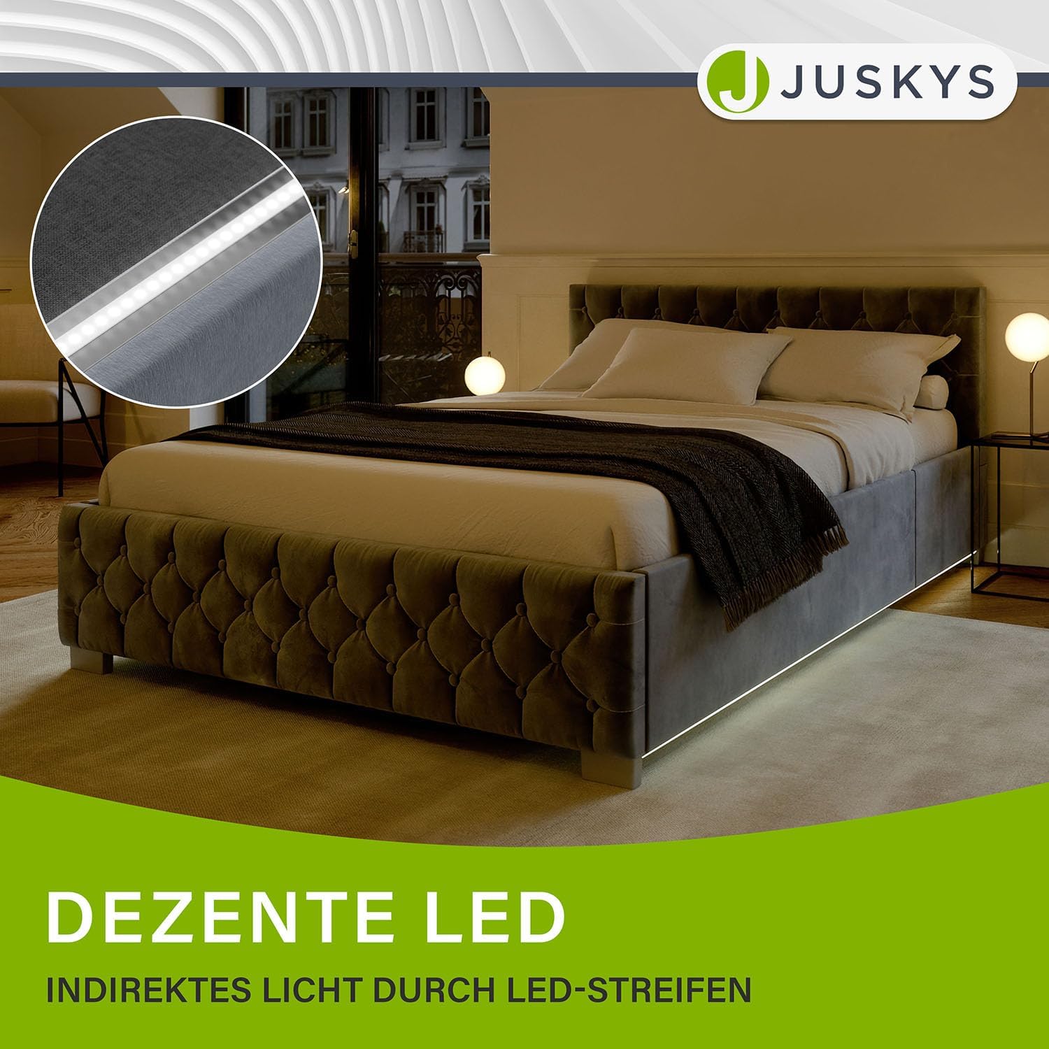Juskys Polsterbett Nizza 120x200 cm Samt mit Stauraum, LED Beleuchtung & Lattenrost - Chesterfield Steppung & Kopfteil - Bett Bettgestell - Grau