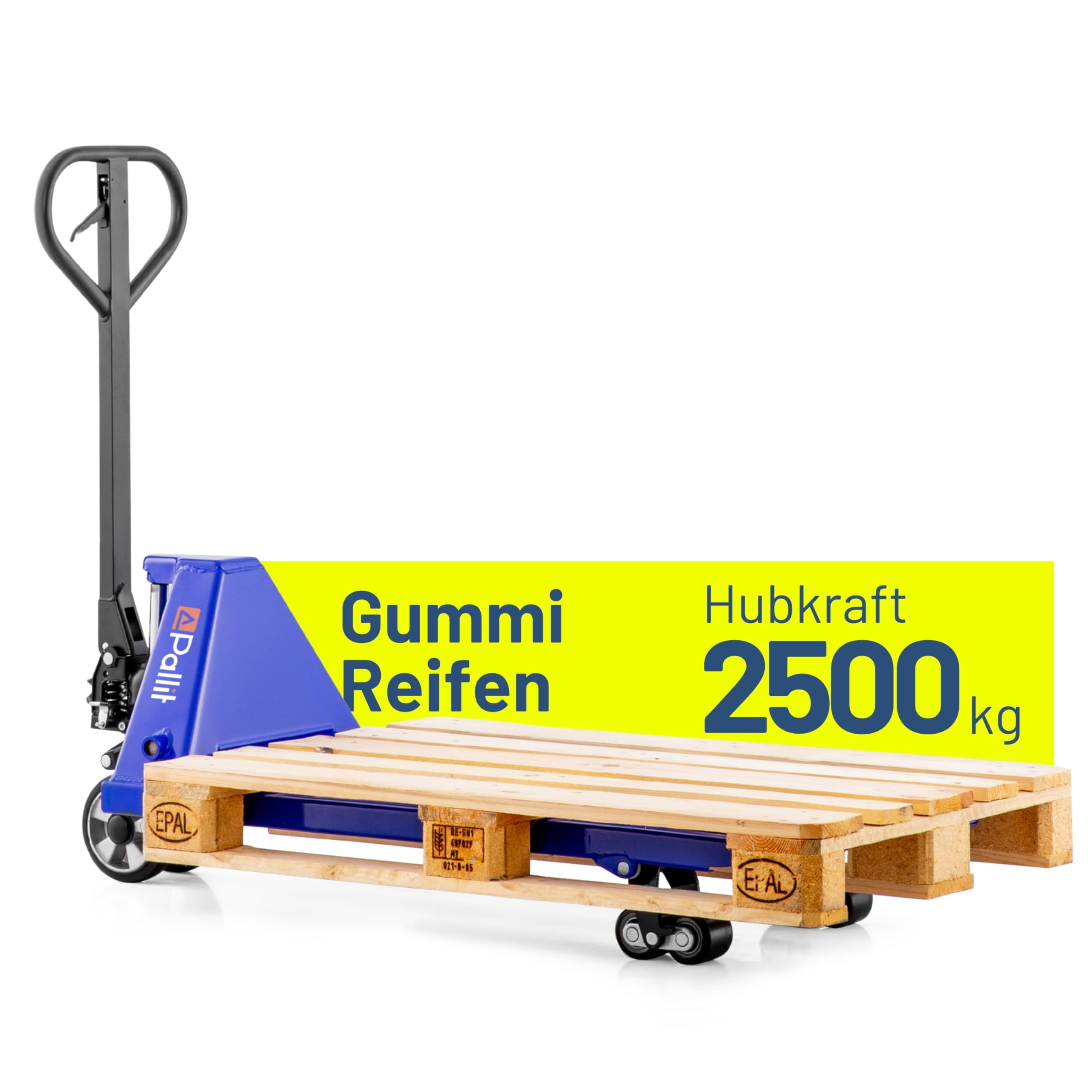 Robuster Gabelhubwagen aus Stahl mit 2500 kg Tragkraft und 1150 mm Gabellänge für Lager und Transport