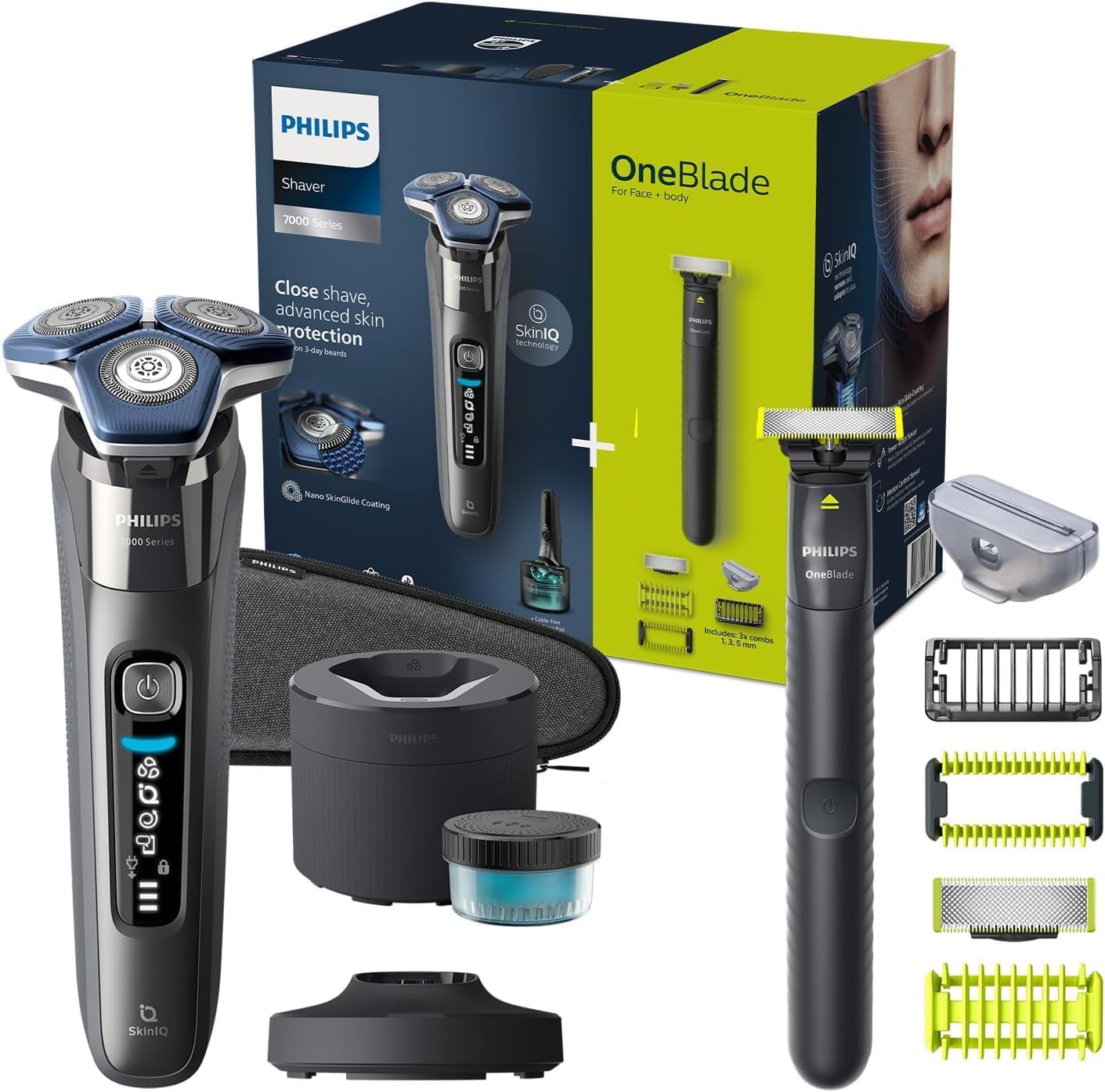 Shaver Series 7000 - Rasoio elettrico Wet & Dry con tecnologia SkinIQ cromato scuro con rifinitore a scomparsa, Quick Clean Pod e cartuccia, OneBlade (moi S7887/78 e QI1864/20)