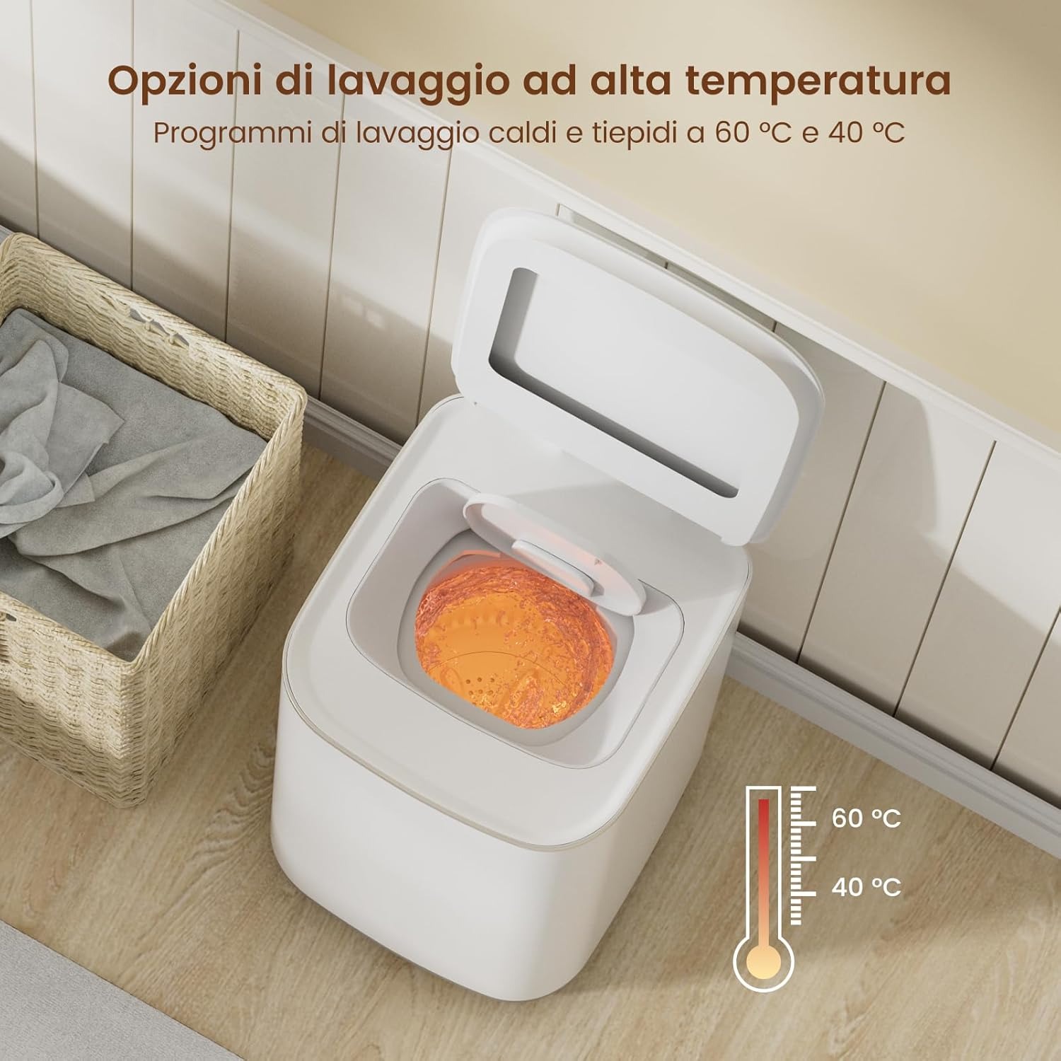 Lavatrice Portatile HAVA, Capacità 3 kg - Mini Lavasciuga Automatica, 8 Programmi, Lavaggio a Caldo, Scarico in Alto e Design Compatto per Piccoli Spazi