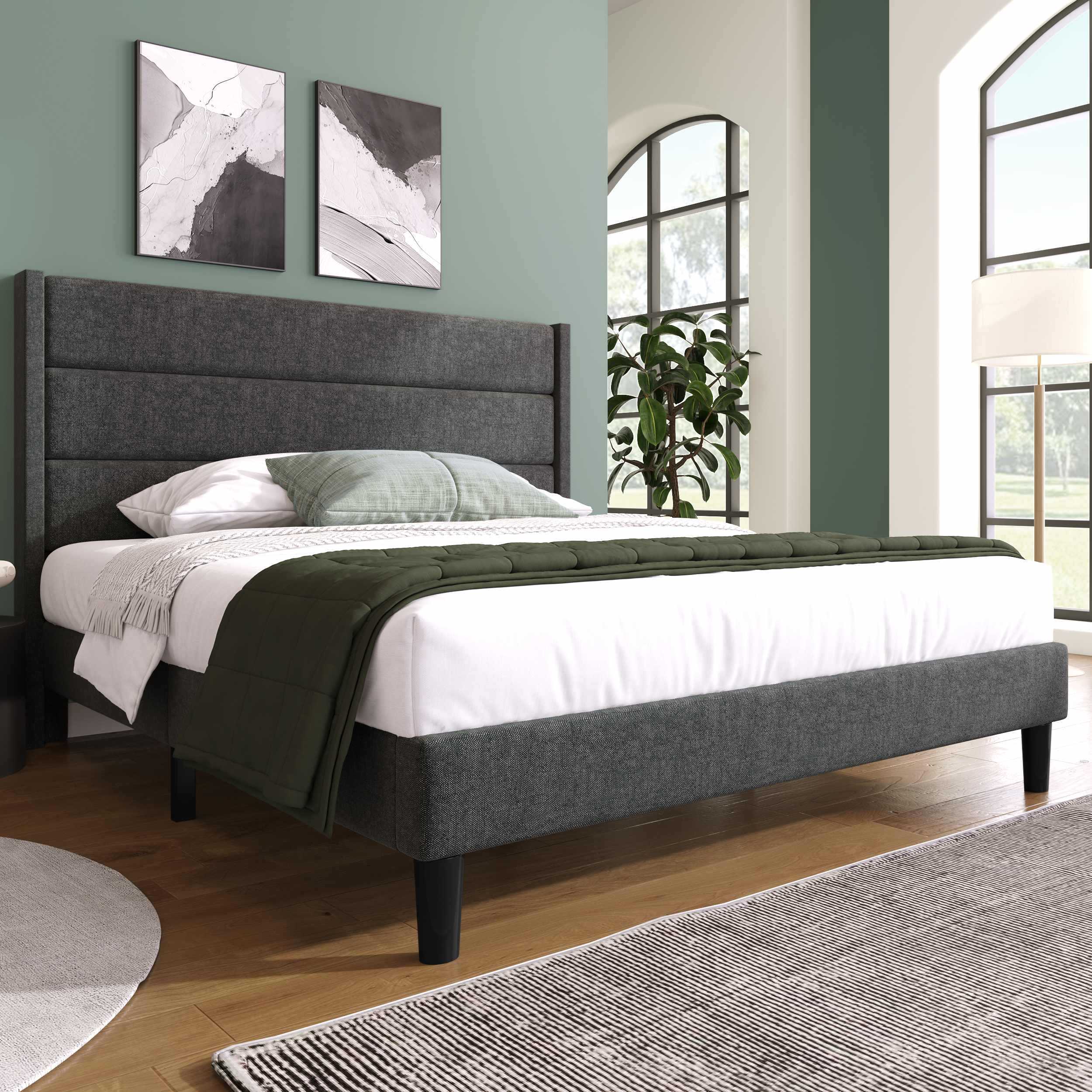 Doppelbett mit Lattenrost und Kopfteil, Bezug in Leinenoptik, modernes Design, ohne Matratze, 140x200 cm, Dunkelgrau