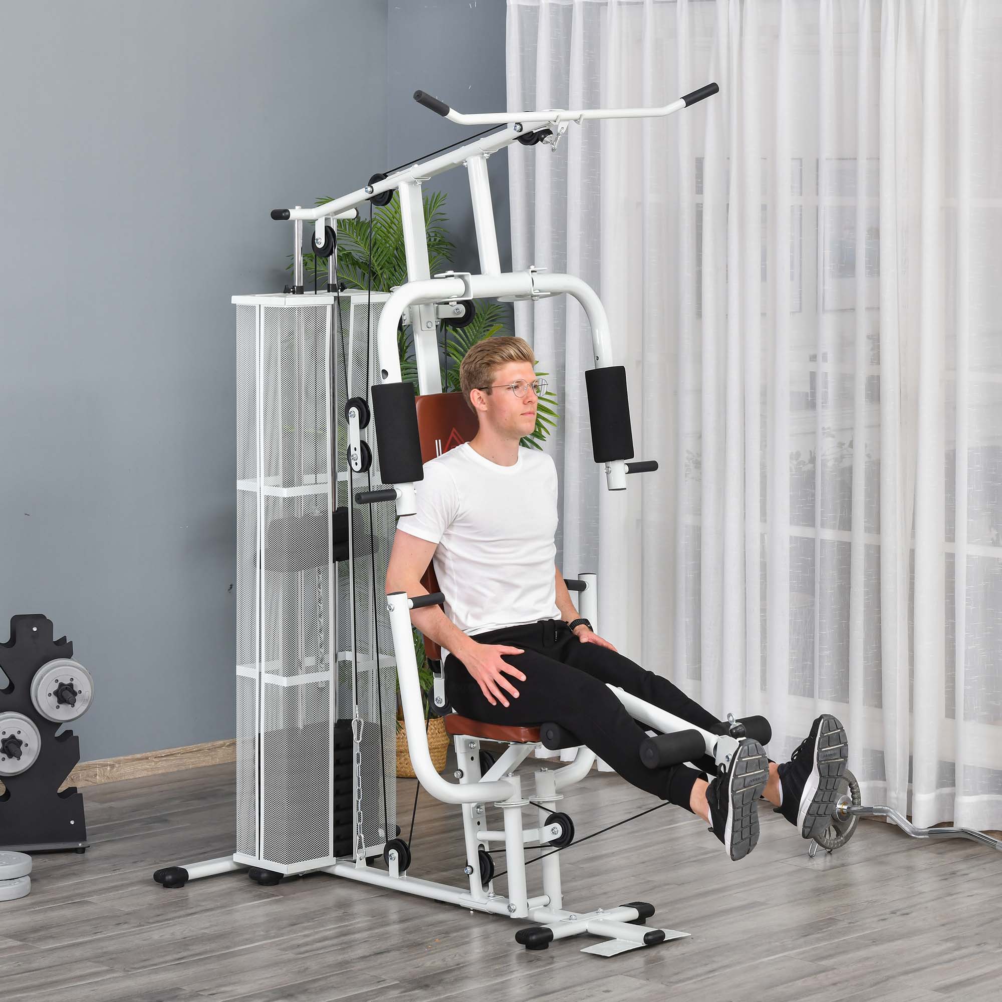 Gym Krachtstation Fitnessstation Multigym Fitnesscentrum Fitnessapparatuur incl. gewichten Latzug Beincurl Metaal PU-kunstleer Wit 150 x 110 x 210 cm