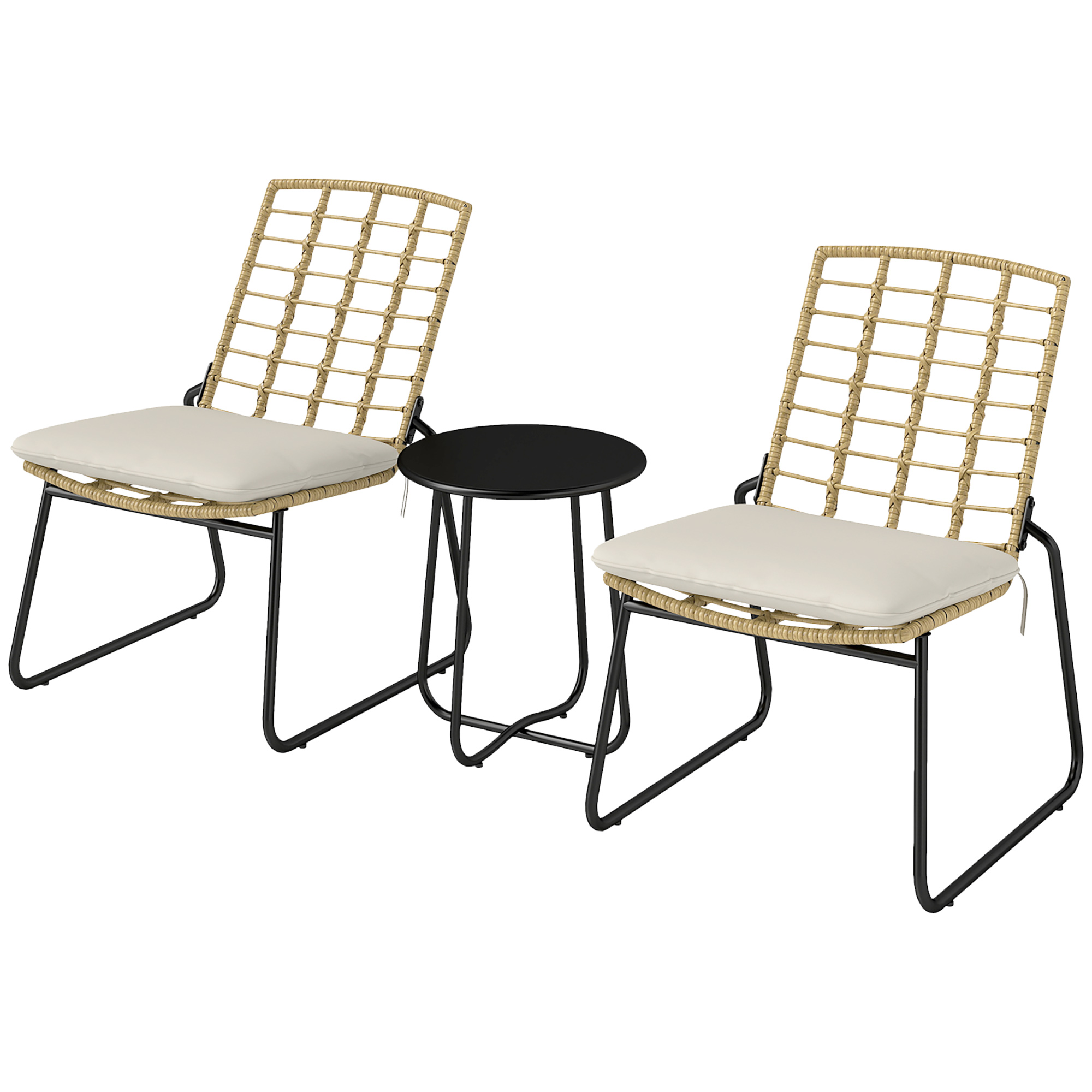 Outsunny 3-teiliges Gartenmöbel-Set, 2 Rattan-Stühle, 1 Tisch mit Metallplatte, Sitzkissen, Bistro-Set, Beige & Braun