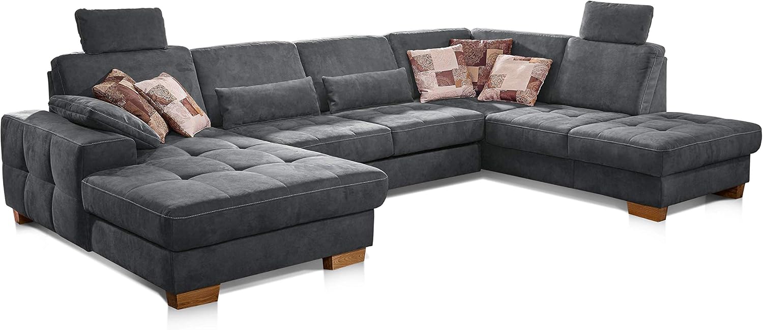CAVADORE Wohnlandschaft Puccino mit Federkern, Bettfunktion, Sitztiefenverstellung und 2 Kopfstützen / Sofa in U-Form im Landhausstil / 340 x 86 x 224