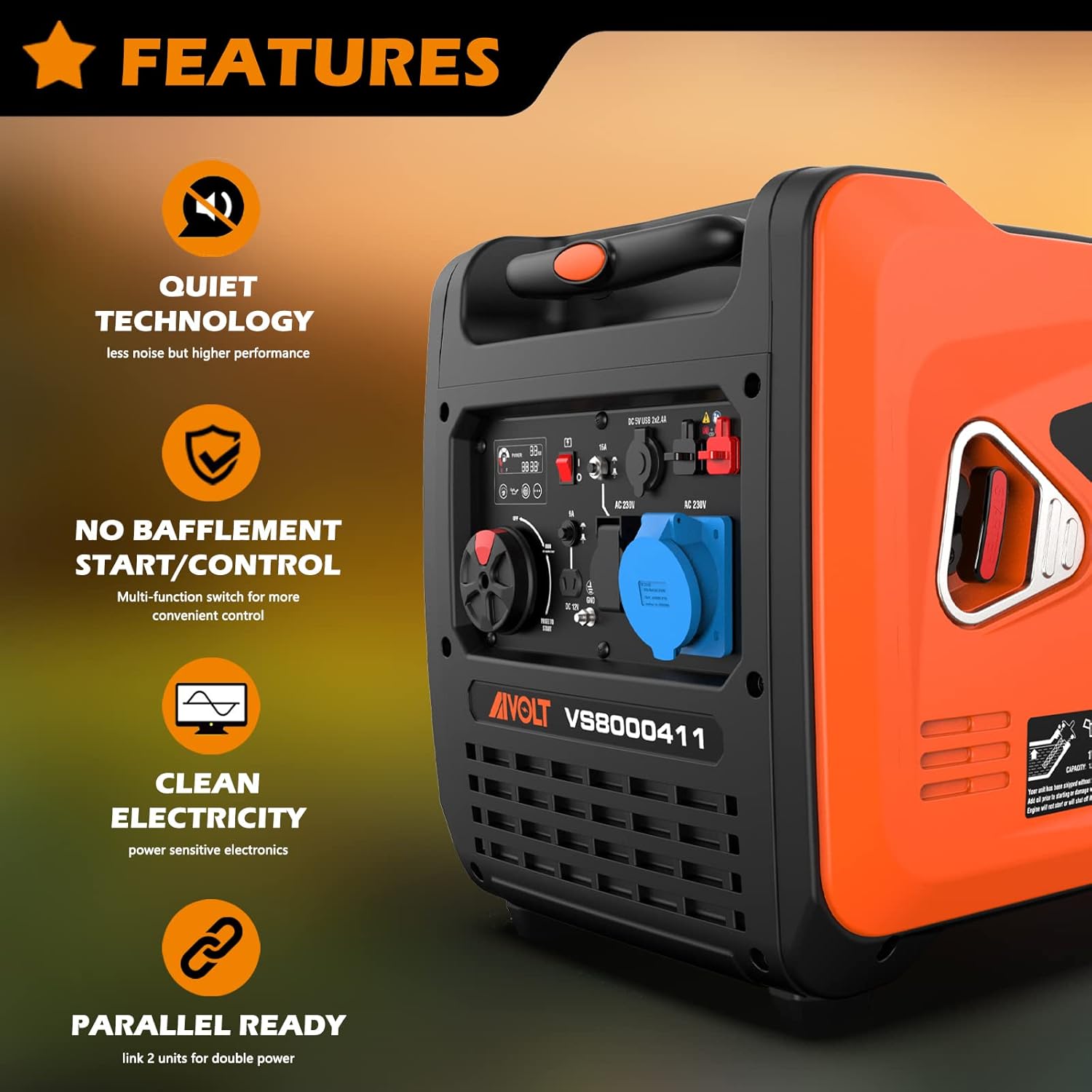 AIVOLT Generatore Inverter 1400 Watt generatore di corrente silenziato gruppo elettrogeno emergenza a benzina silenzioso per campeggio, festival e uso domestico con 2 prese USB, 12V DC e 230 V AC