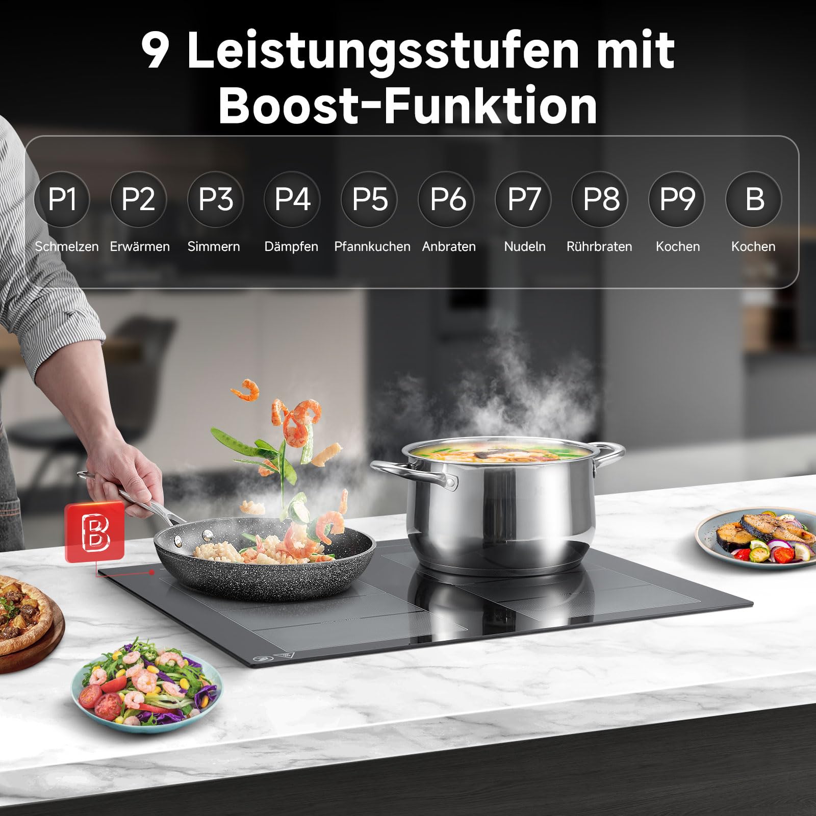 Induktionskochfeld 60 cm mit 2 Flexzonen und Booster, 4 Kochfelder, Glaskeramik, schwarz