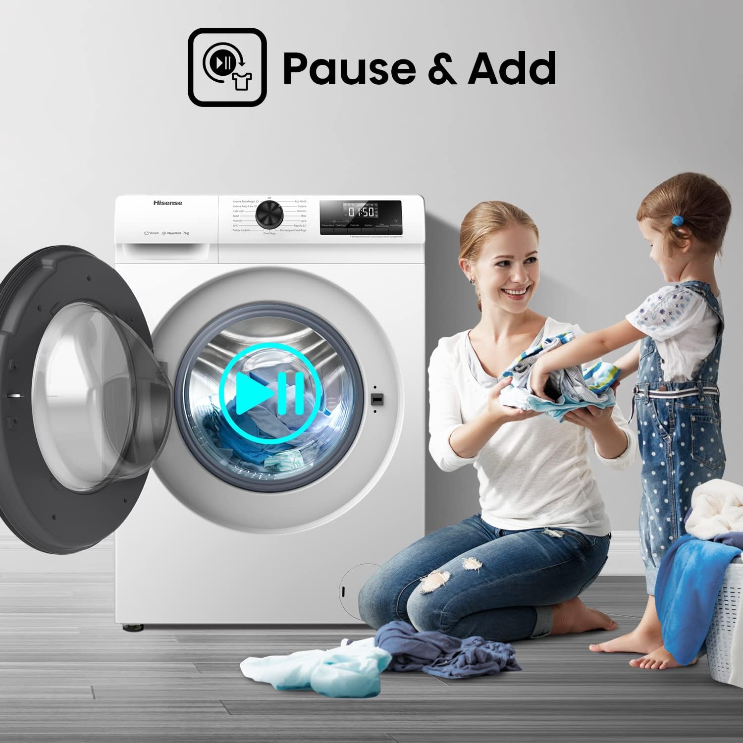 Hisense WFVB7012EM Front Load Washing Machine 7 kg 1200 rpm 15 Programs Steam LED Display Rapid Program Delay Start Child Lock
