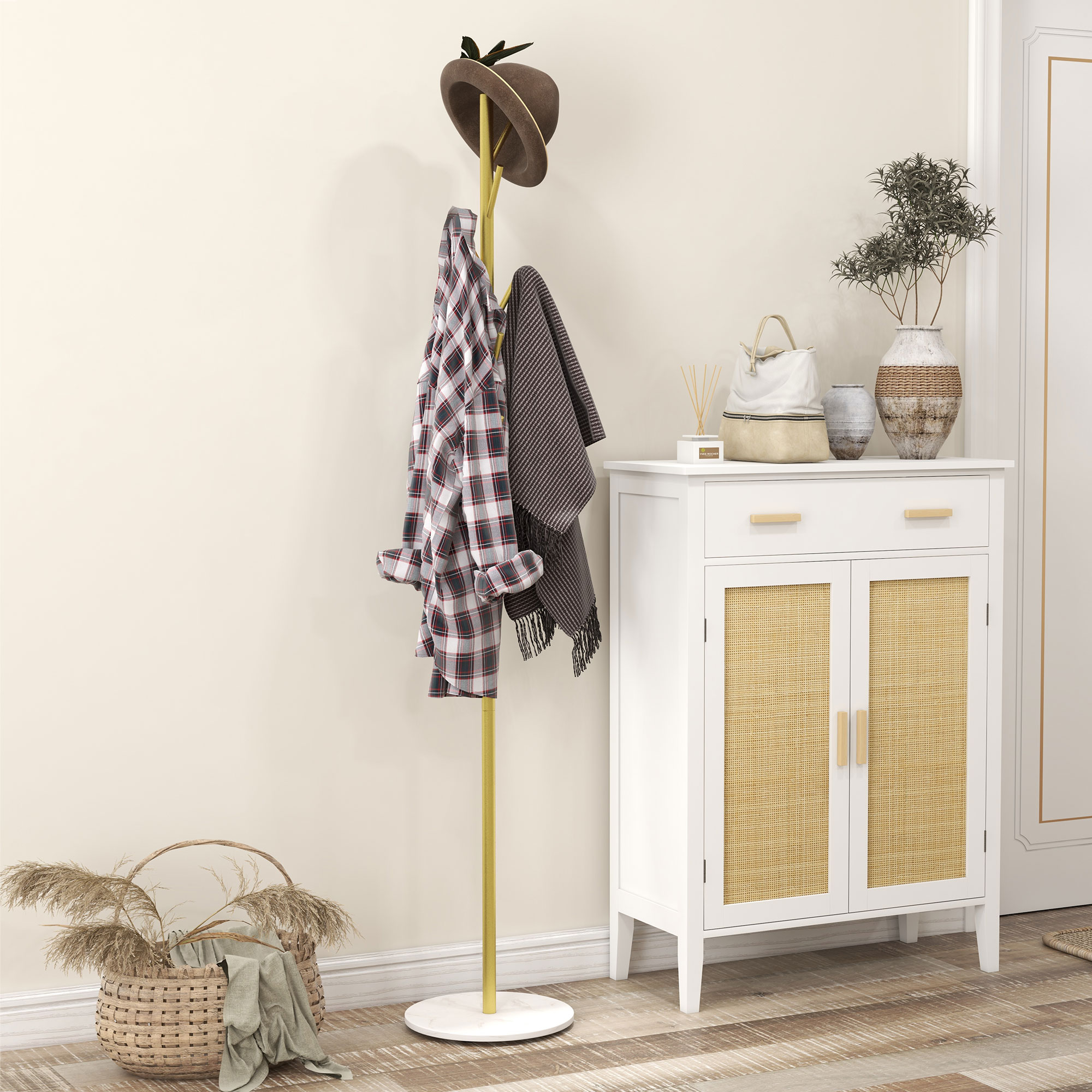 HOMCOM Garderobenständer 8 Haken, runder Marmorfuss, Ø 32 x 164H cm, Eingangsmöbel für Kleidung, Hüte, Eingang, Gold