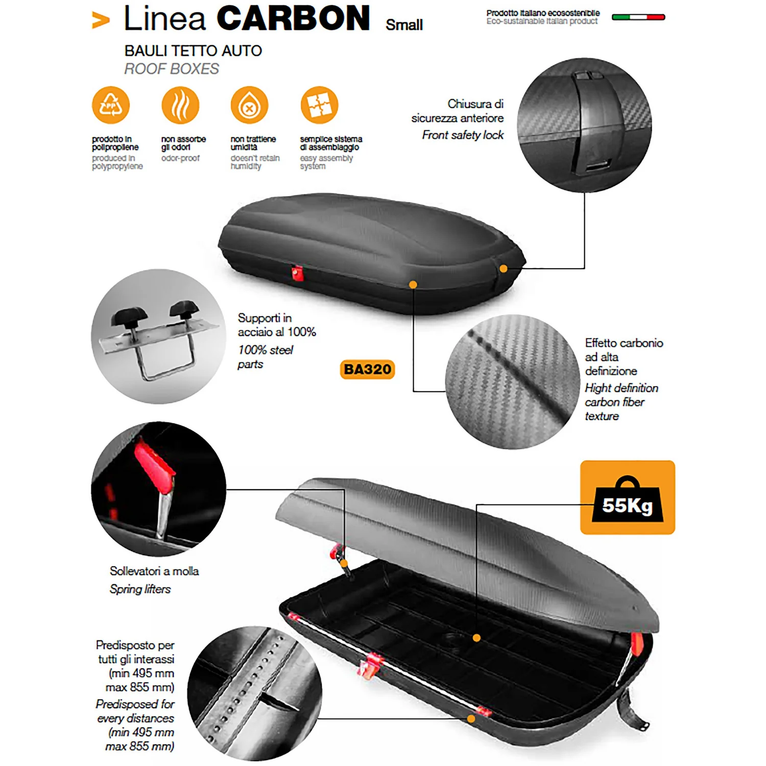 Baule tetto auto in polipropilene Linea Carbon - 132x77,8cm