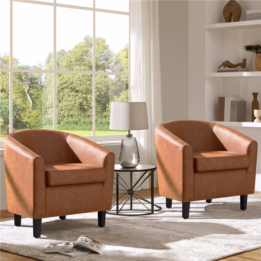 Renwick Faux Leather Barrel Accent Chair for Living Room, Set of 2, Black