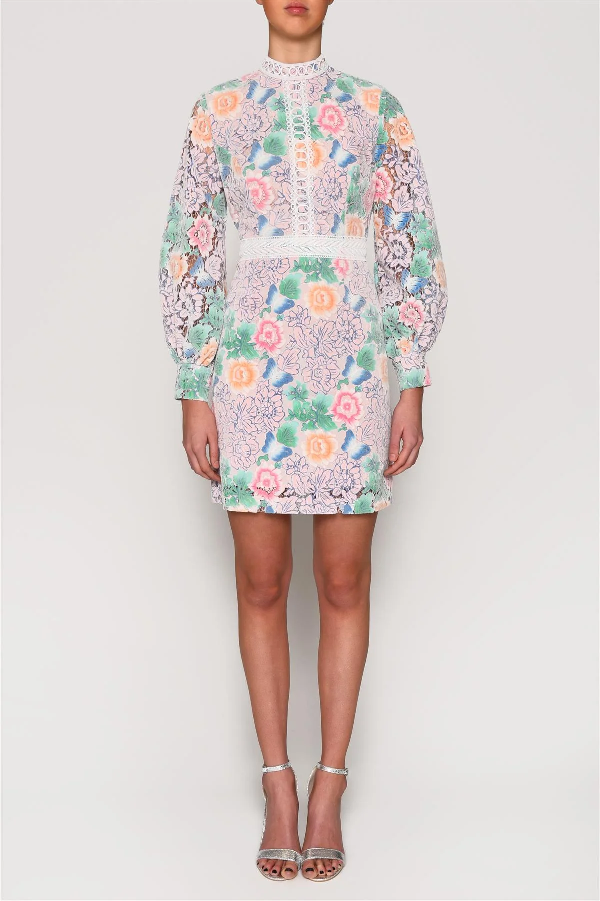Pastel Floral Lace High Neck Mini-Dress