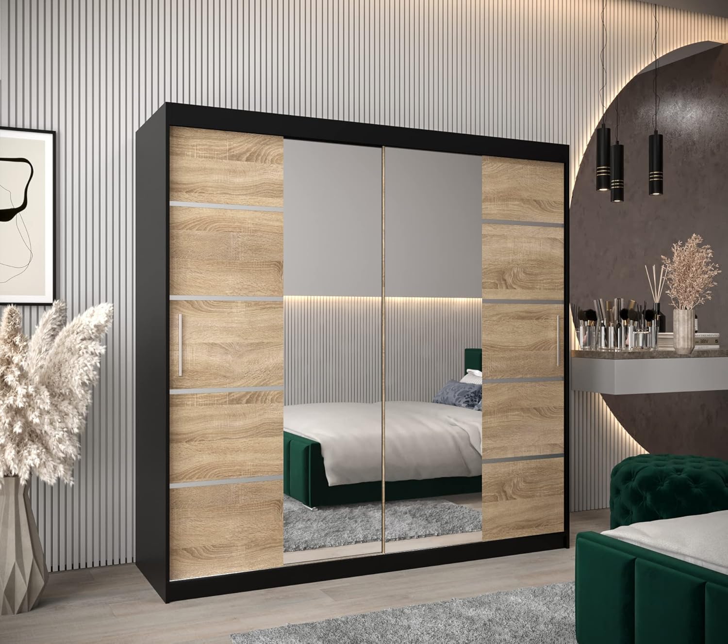 ABIKSMEBLE Verona 4 200 Bedroom Wardrobe with Three Sliding Doors – Modern Storage Cabinet with Mirror, Coat Rack and Shelves – 200 x 200 x 62 cm – Matte Black Sonoma