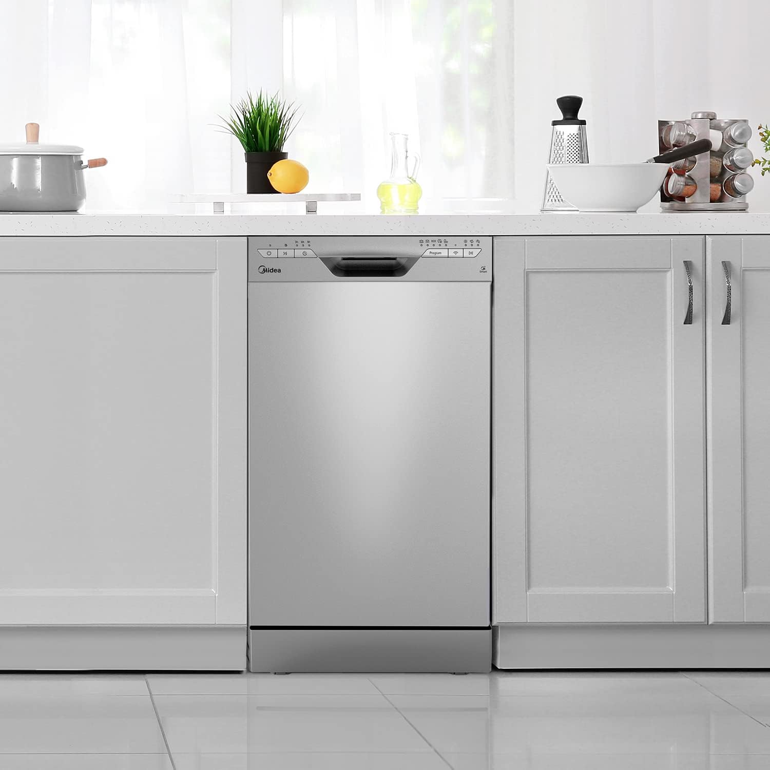Midea Geschirrspüler Unterbau MDWEU1435XSS-W, 14 Maßgedecke, Spülmaschine 60 cm Teilintegrierbar mit WIFI, Extra Trocknung, 7 Programme, 47dB, 0-24h Startzeitverzögerung, Inox