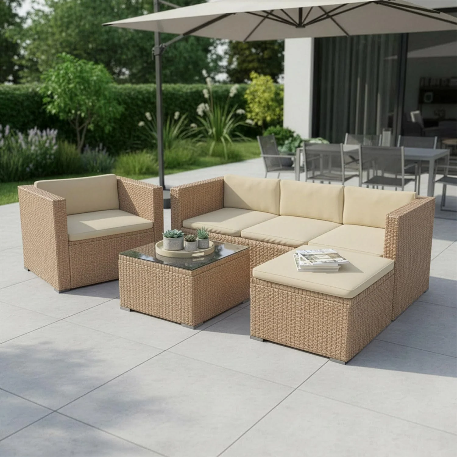Juskys Polyrattan Lounge Punta Cana L für 4-5 Personen mit 3er Sofa, Sessel, Tisch & Kissen, Sitzgruppe für Garten, Hocker, Terrasse und Balkon