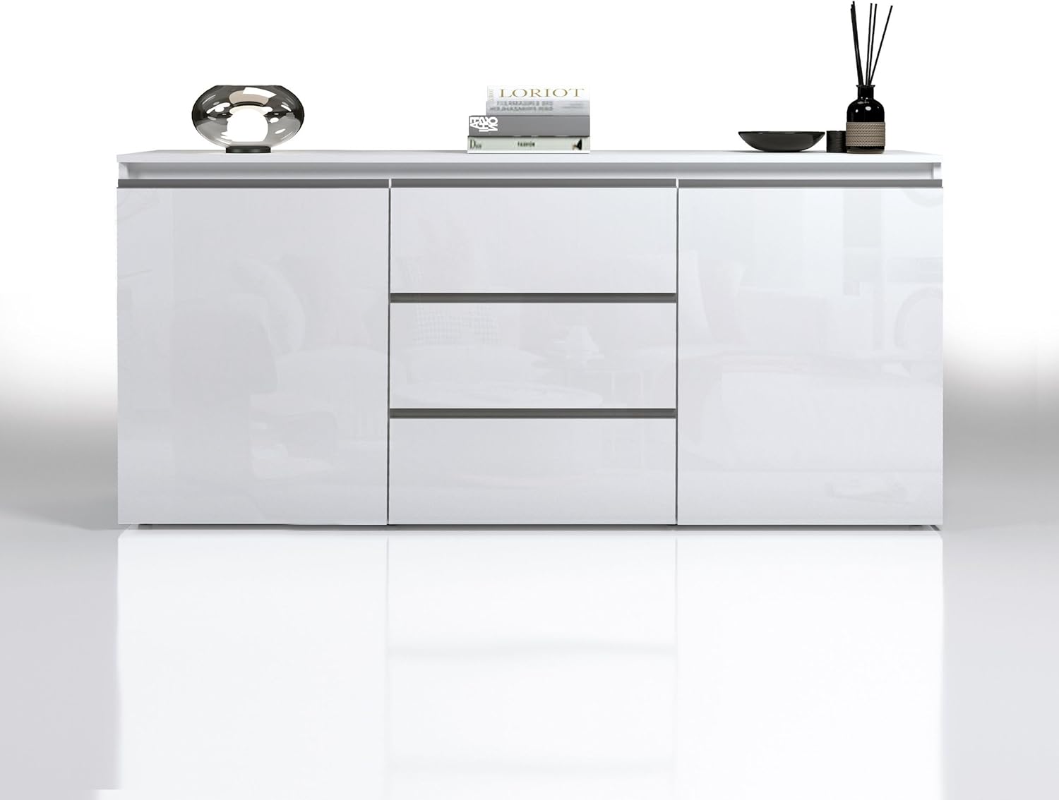 WHOUS Credenza MAGIC per Soggiorno con 2 Ante e 3 Cassetti, Madia per Salotto e Sala da Pranzo in Legno, 150x40x80 cm, Bianco Lucido