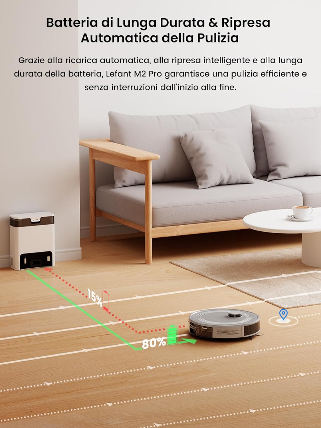 Lefant Robot Aspirapolvere con 2200Pa, Senza Grovigli,7,6cm Ultra Sottile,Autocaricante,Wi-Fi/App/Alexa,120 Minuti,6 Modalit脿 di Pulizia,Ideale per Peli di Animali Domestici,Pavimenti Duri M210-Pro