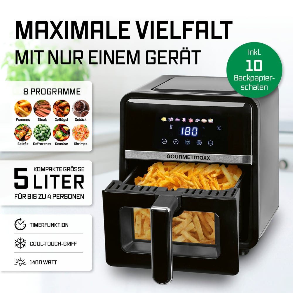 Heißluftfritteuse Heißluftfritteuse, 5 l - 8 Programme, Farb-Icons & Multi-Color LED-Touchdisplay