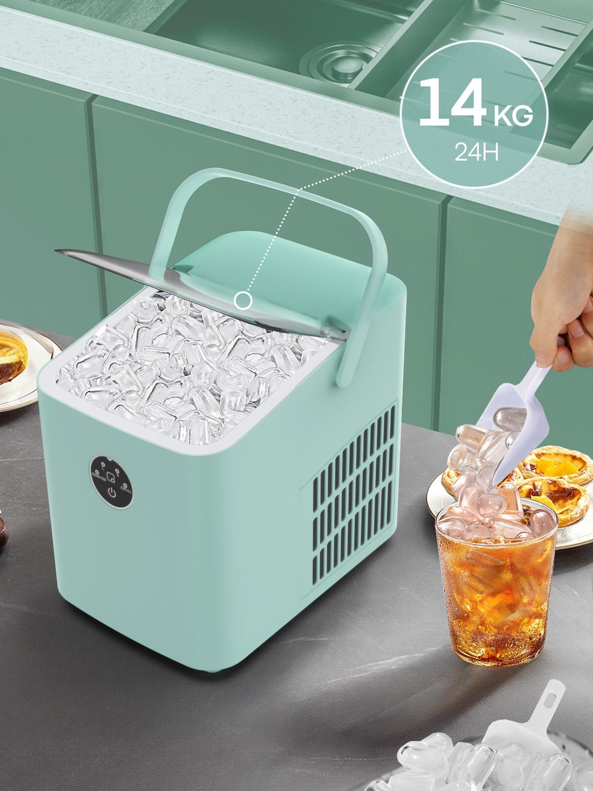 Eiswürfelmaschine Klein, 14kg/24h, 6 Min. Eis, 2 Bullet Ice Größen, selbstreinigend