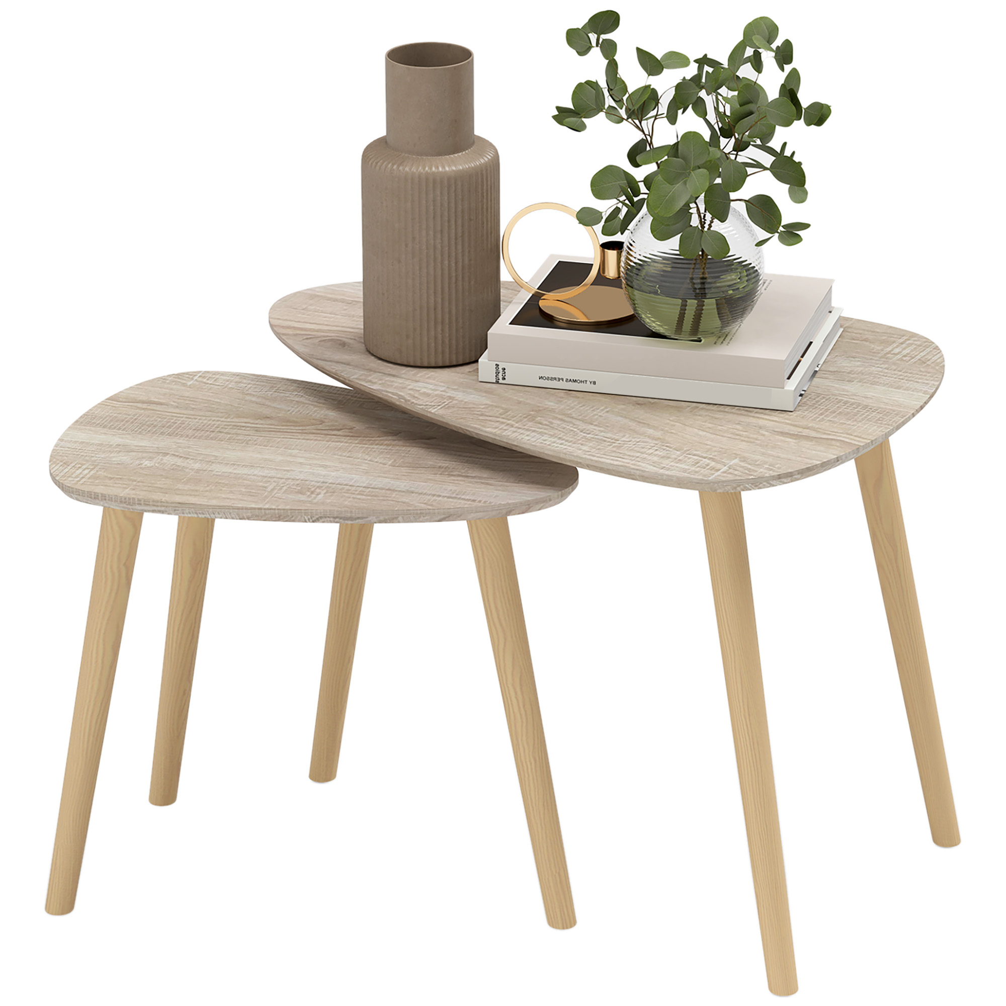 HOMCOM Set mit 2 skandinavischen Design-Nesttischen, Holzbeine und Holzplatte, naturbelassenes Aussehen