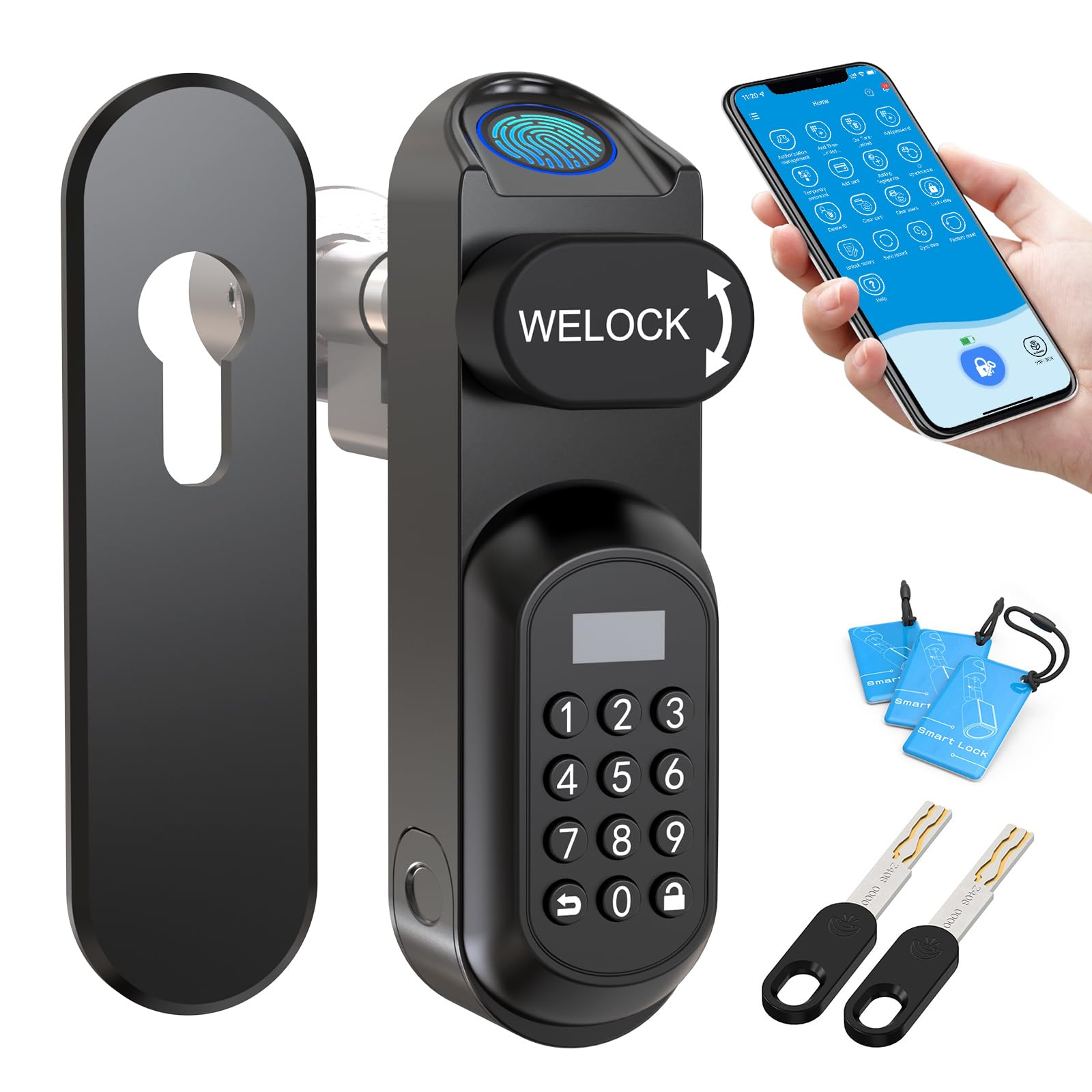 Smartes Türschloss U81 mit Fingerabdruck für EU-Profilzylinder 50-95 mm, 6-in-1-Entriegelung mit App, RFID und Ersatzschlüssel
