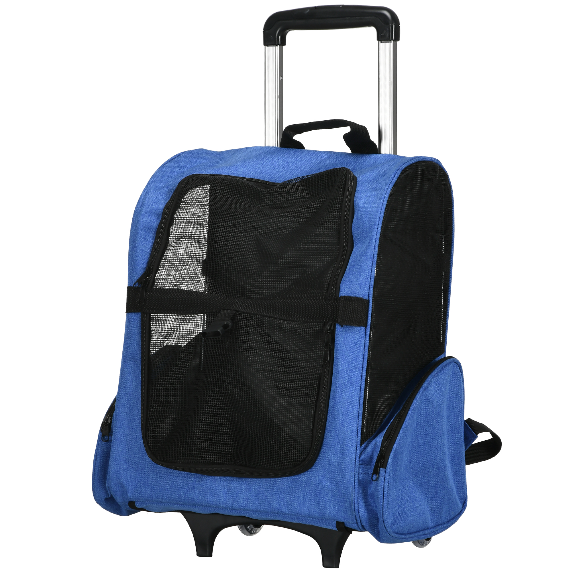 PawHut Trasportino Rucksack 2 in 1 für Hunde und Katzen mit Taschen und Teleskopgriff, 42x25x55cm, Blau