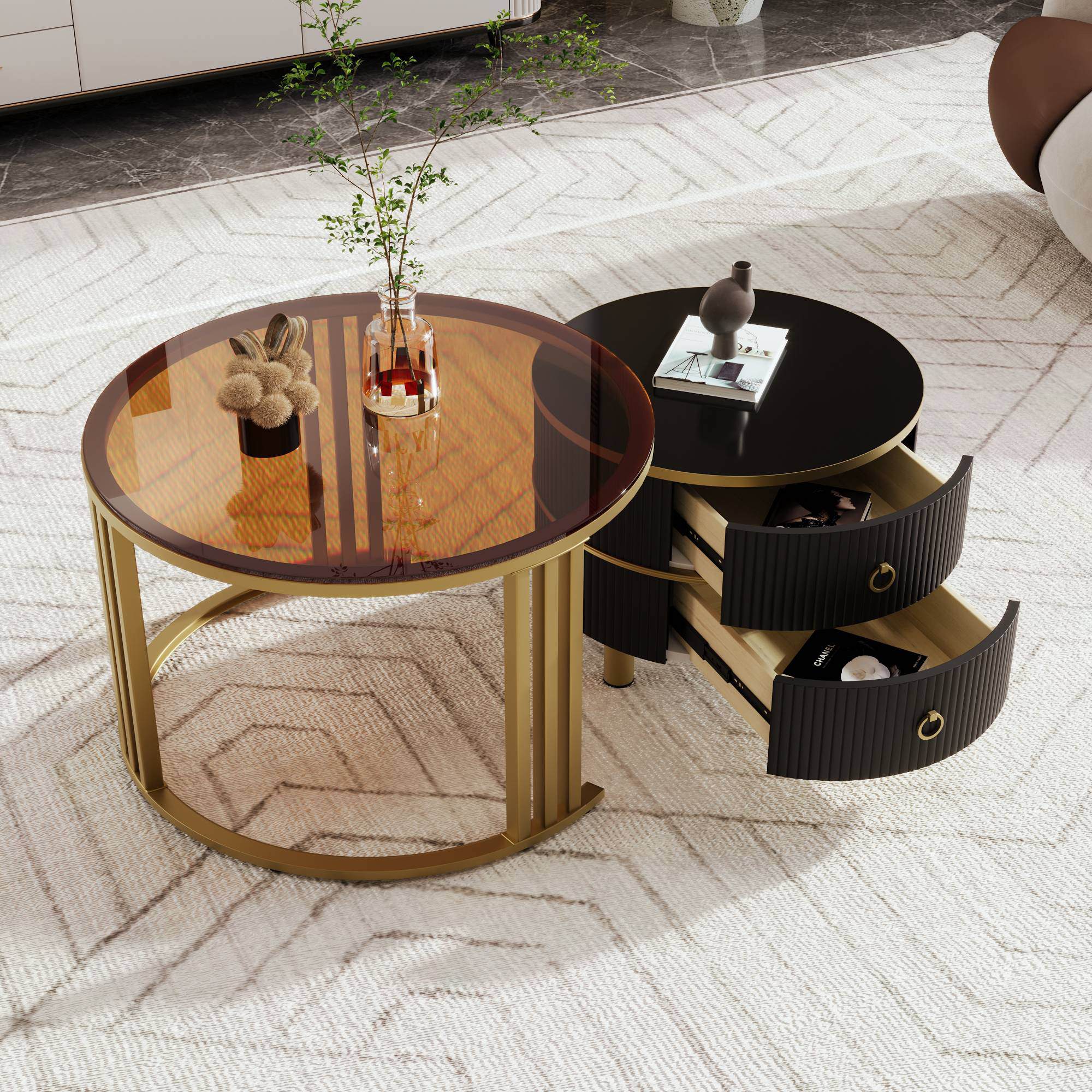 2-in-1 Couchtisch-Set mit Hochglanz- und Glasplatte, MDF und Metallbeine, inkl. 2 Schubladen, Schwarz