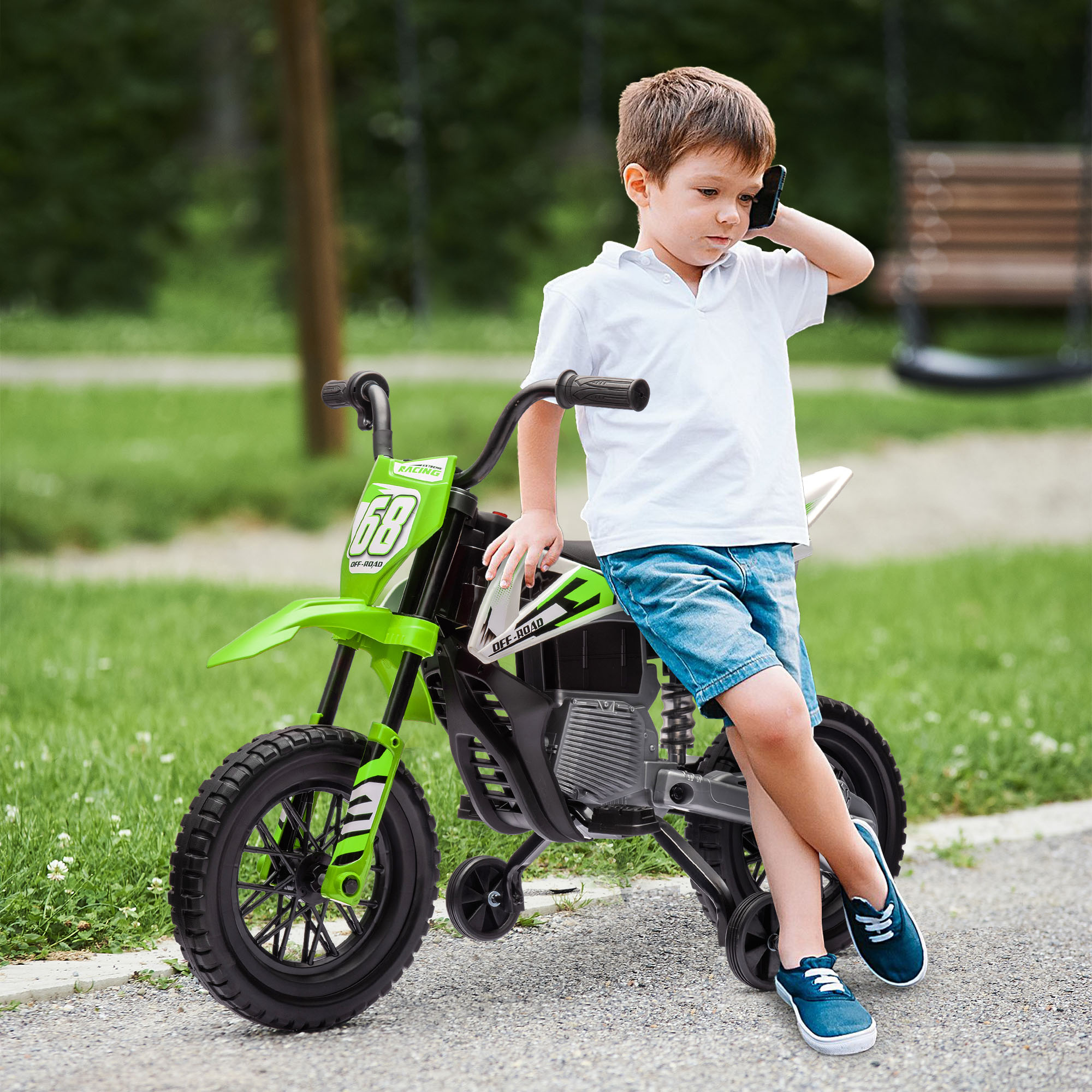 AIYAPLAY Elektrische Kindermotor met Handmatige Gascontrole, Zijwieltjes, Muziek, Groen