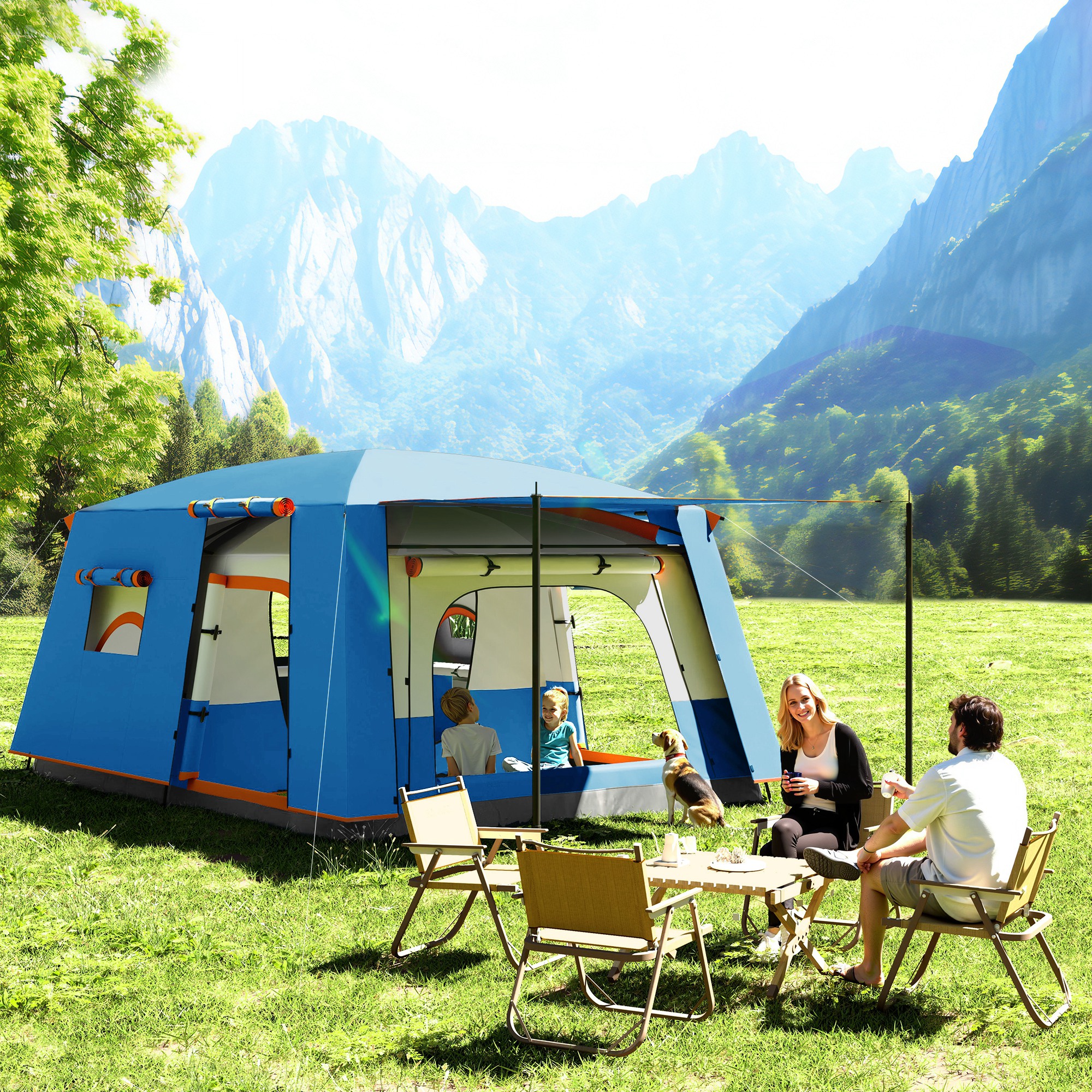 Outsunny Familienzelt für 4-6 Personen mit 2 Schlafzimmern Wohnbereich und wasserdichtem Schutz 430x305 cm Grau und Blau