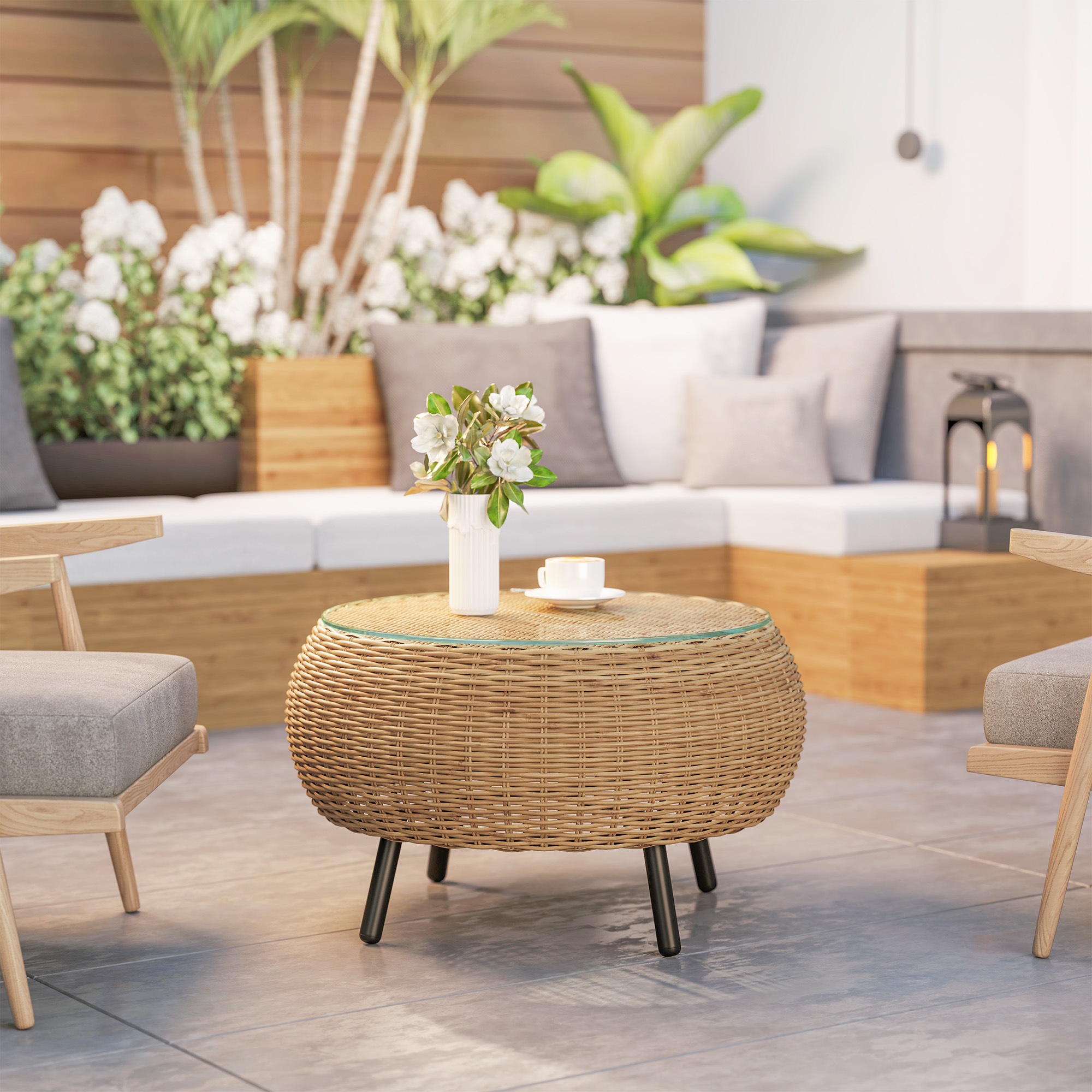 Polyrattan Bijzettafel met Glazen Tafelblad ?75 x 42 cm - Bruin