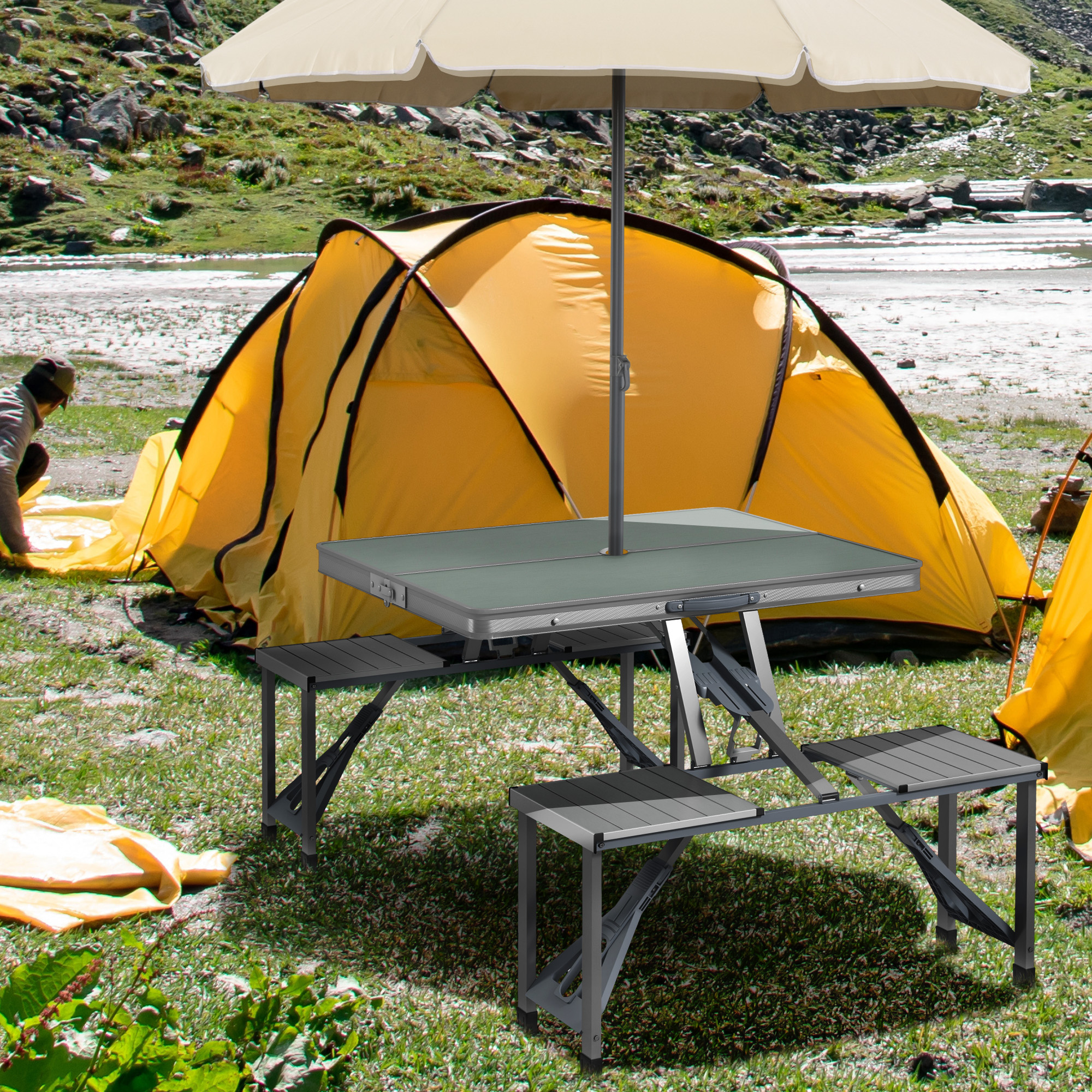 Outsunny Campingtisch Klapptisch mit 4 Stühle Klappbarer Gartentisch aus Aluminium 85,5 x 135cm Grau