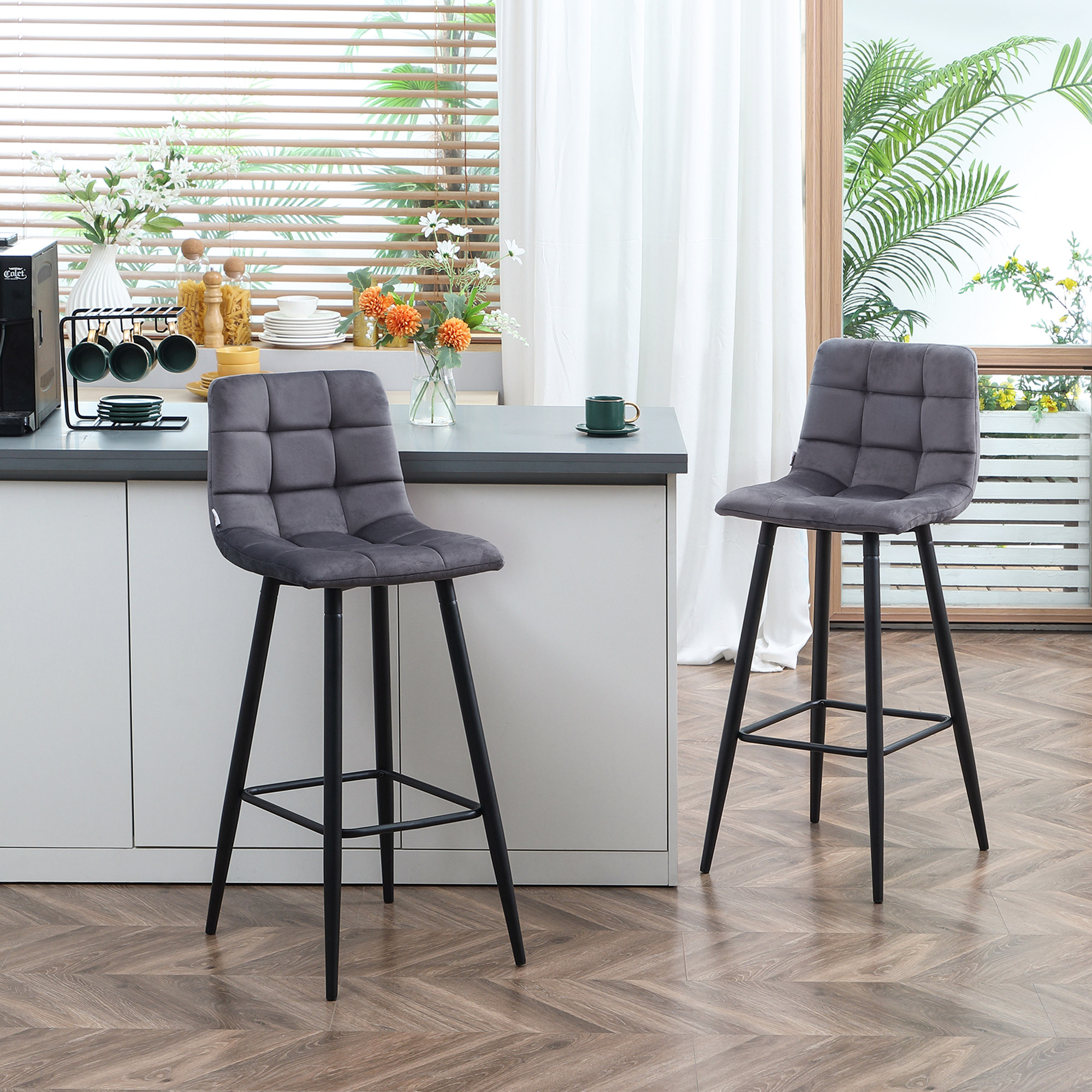 HOMCOM 2er-Set Barhocker mit Fußstütze im Retrodesign 42 cm x 47 cm x 105 cm Grau