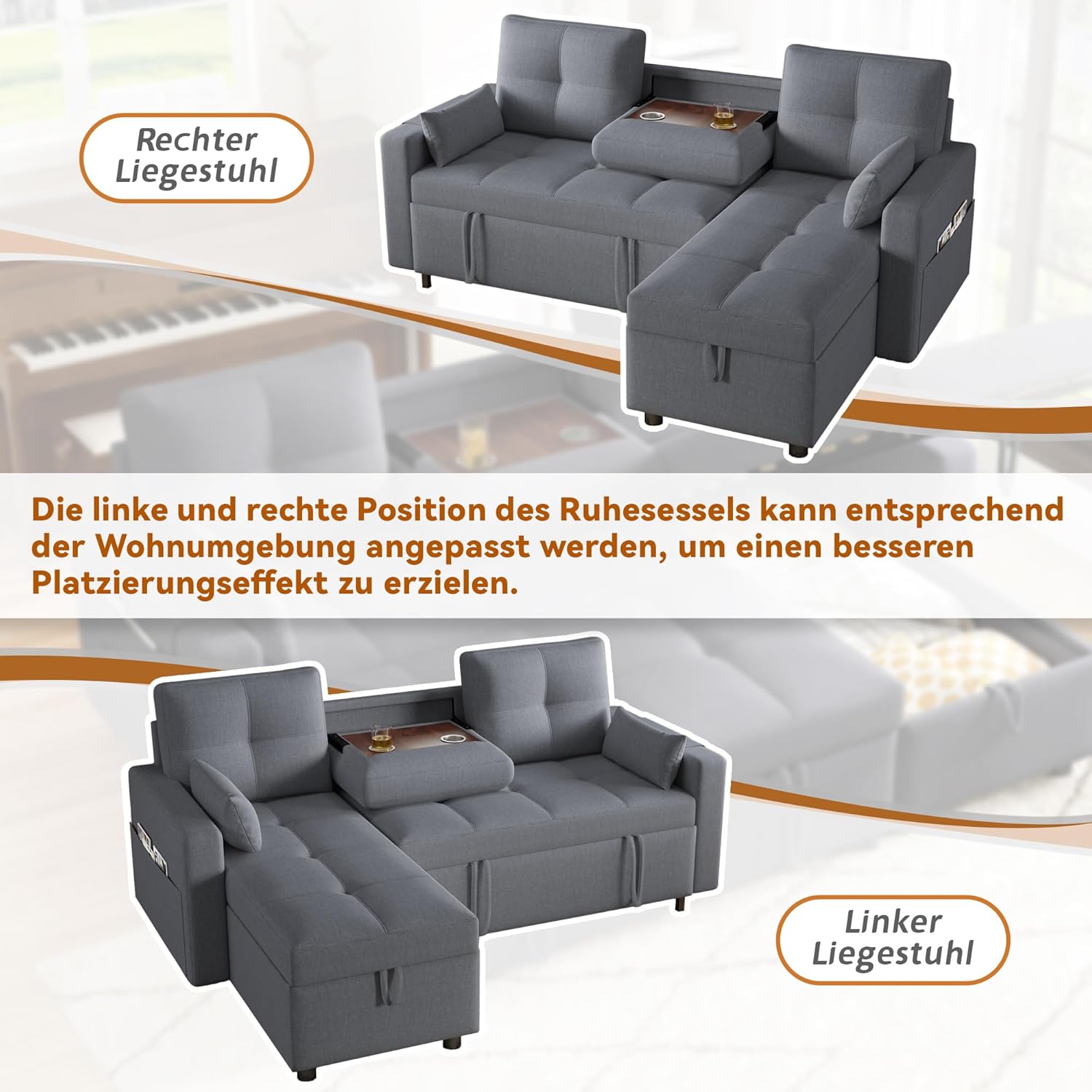 Modernes L-Sofa, modulares ausziehbares Schlafsofa mit Schlaffunktion, ausgestattet mit Stauraum, herunterziehbarem Getränkehalter, geeignet für Wohnzimmer, Heimkino (Grau)