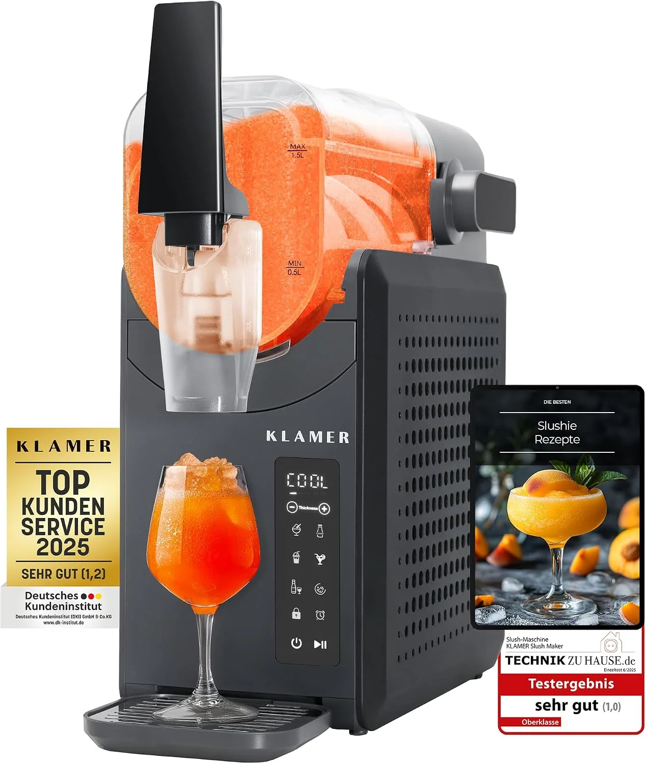 KLAMER Slush Maschine, 2L Fassungsvolumen, mit 5 voreingestellten Programmen: Slushie, Cocktail, Milchshake, Frappé, Wein, Automatische Reinigung